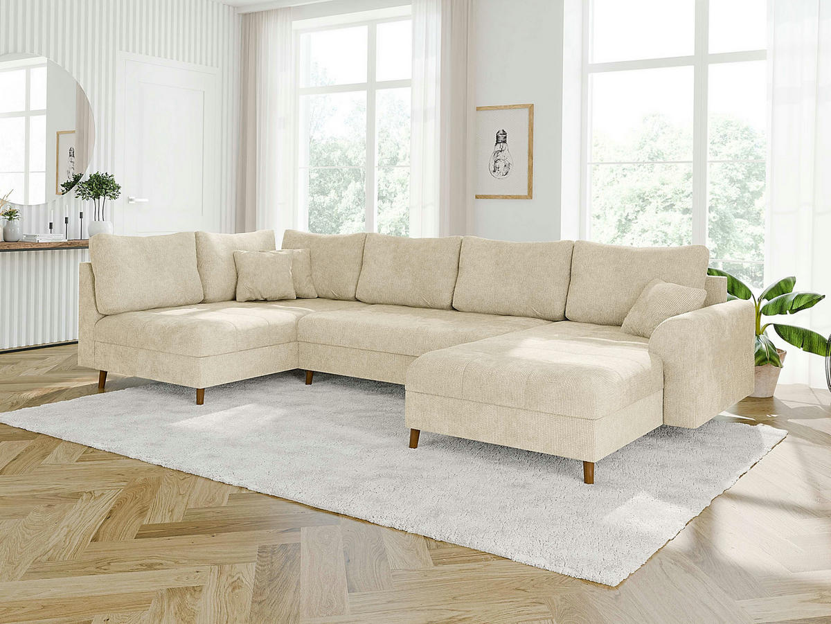 WOHNLANDSCHAFT Sigurd Beige Chenille - Ottomane rechts - Beige/Braun, Holz/Textil (310/81/161cm) - S-Style Möbel