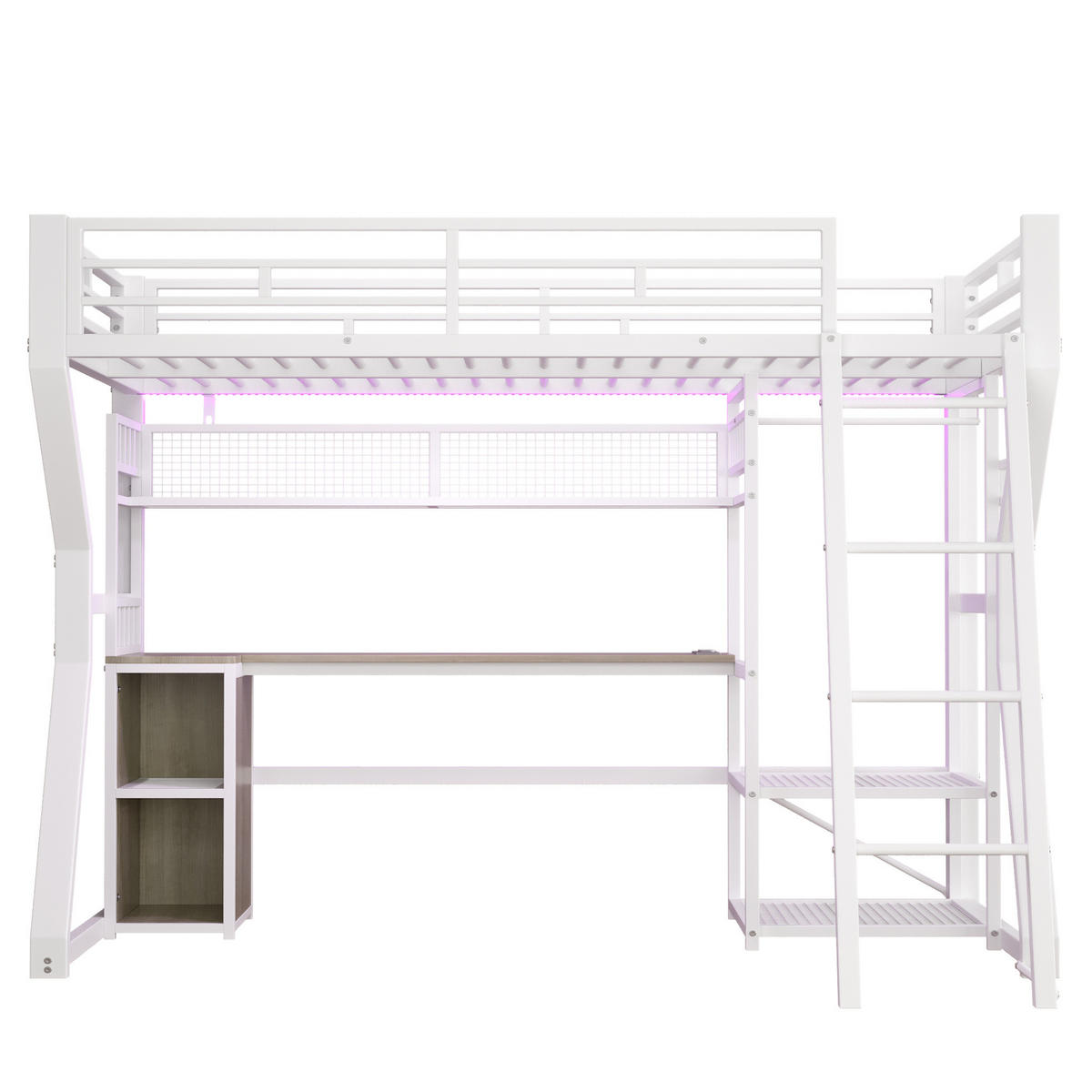 HOCHBETT 90/200 cm aus Metall/MDF mit Schreibtisch und Lichtleiste Weiß - Weiß, Holzwerkstoff (90/200cm) - Modenvie