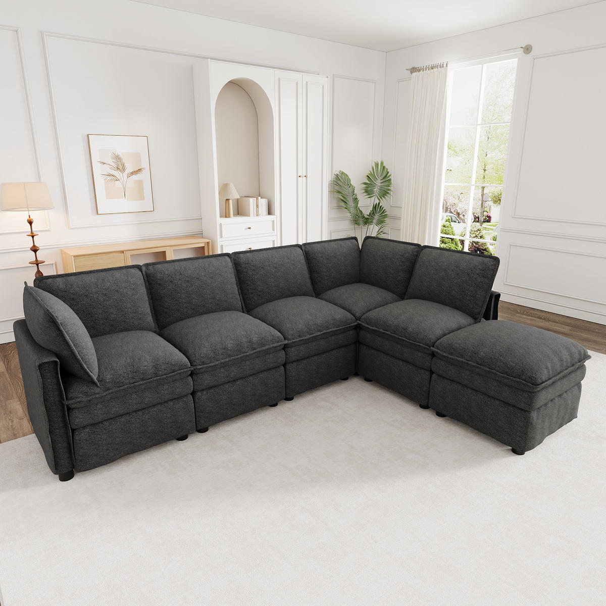 ECKSOFA mit Schlaffunktion und Chenille Bezug - Grau, Textil (344/127cm) - EVRYAE