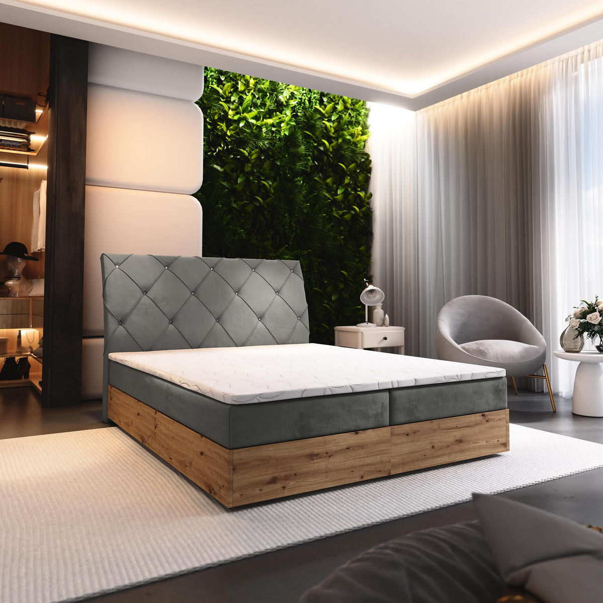 BOXBETT VELLANO 140x200 cm mit Matratze und Topper - Grau - Grau, Holz (140/200cm) - MASSENO