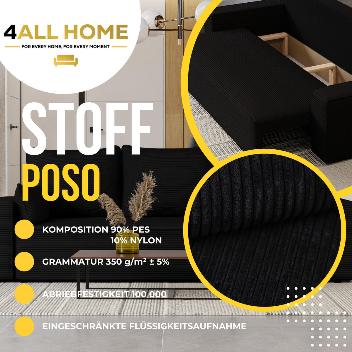 SOFA Vens mit Bettkasten und Schlaffunktion, Cordstoff - Schwarz, Holzwerkstoff (242/85/95cm)