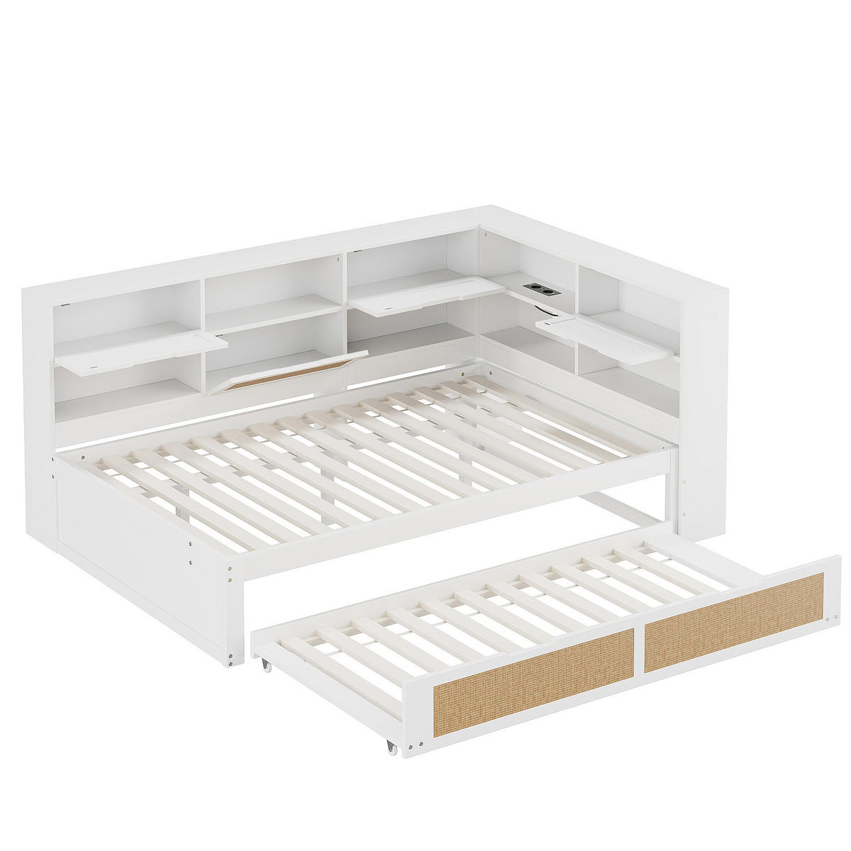 BETT aus Massivholz mit Ausziehbett und USB-Anschlüssen Weiß 140/200 cm - Weiß, Holz (140/200cm) - OKWISH