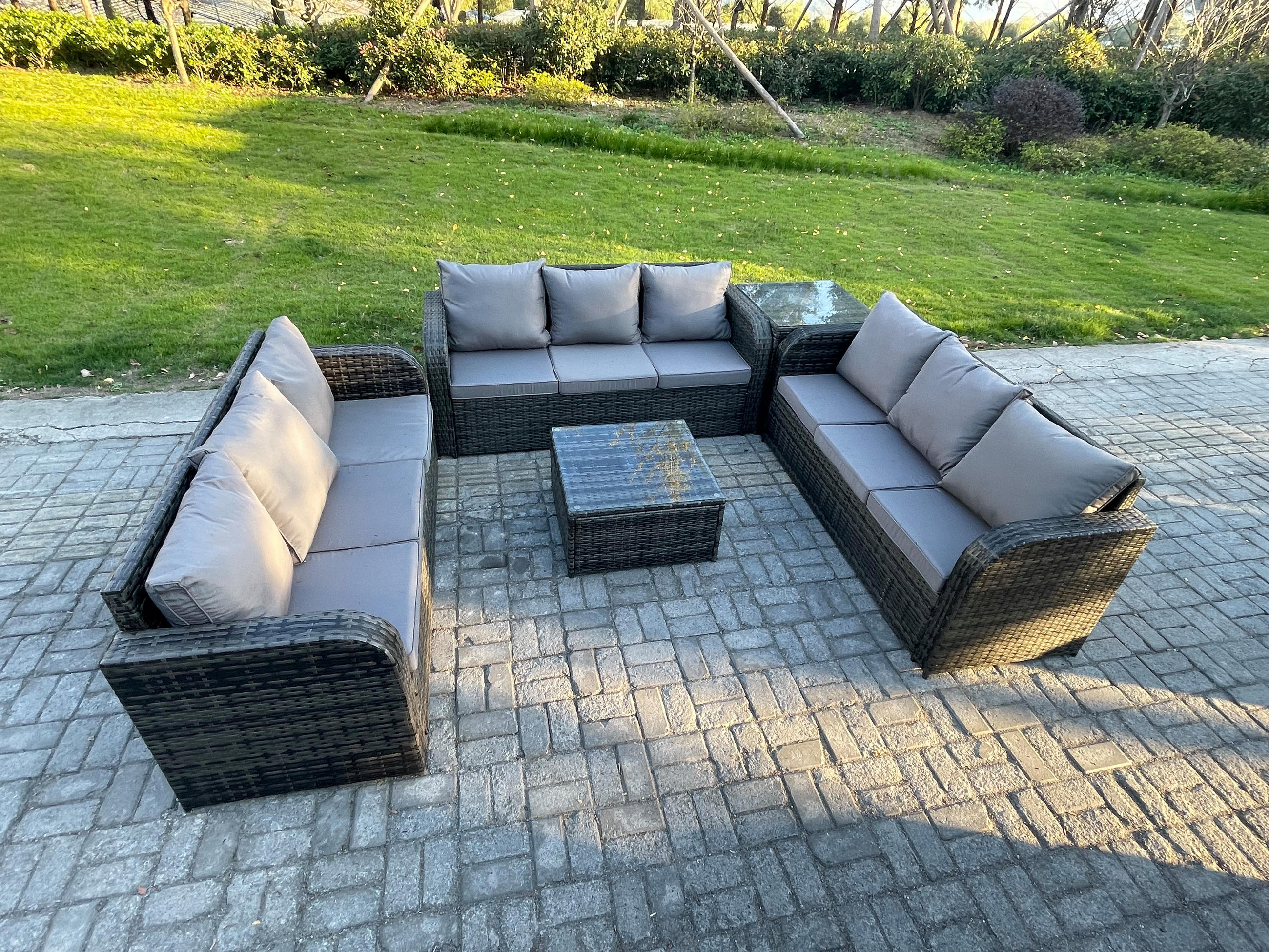 GARTENMÖBELGARNITUR mit KISSEN Polyrattan Dunkelgrau 9-Sitzer - Dunkelgrau/Grau, Glas/Kunststoff - Fimous