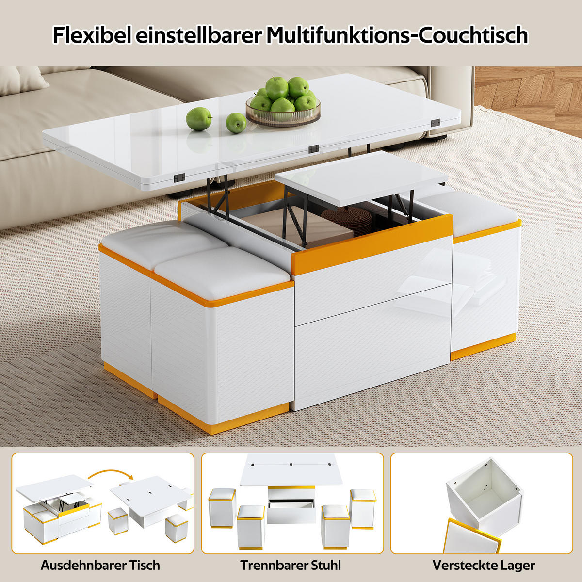 COUCHTISCH 100/50/43 cm Weiß Gelb höhenverstellbar mit Stauraum und 4 Hockern - Weiß, Holzwerkstoff (100/50/43cm) - OKWISH