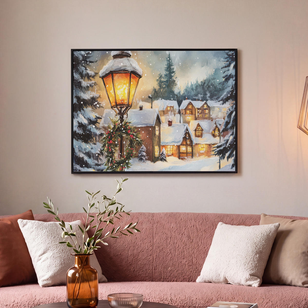 LEINWAND Bilder mit Rahmen - Weihnachtsdorf - Häuser - Schnee - Weihnachten - 80x60 - Sandfarben, Textil (80/60cm) - MuchoWow