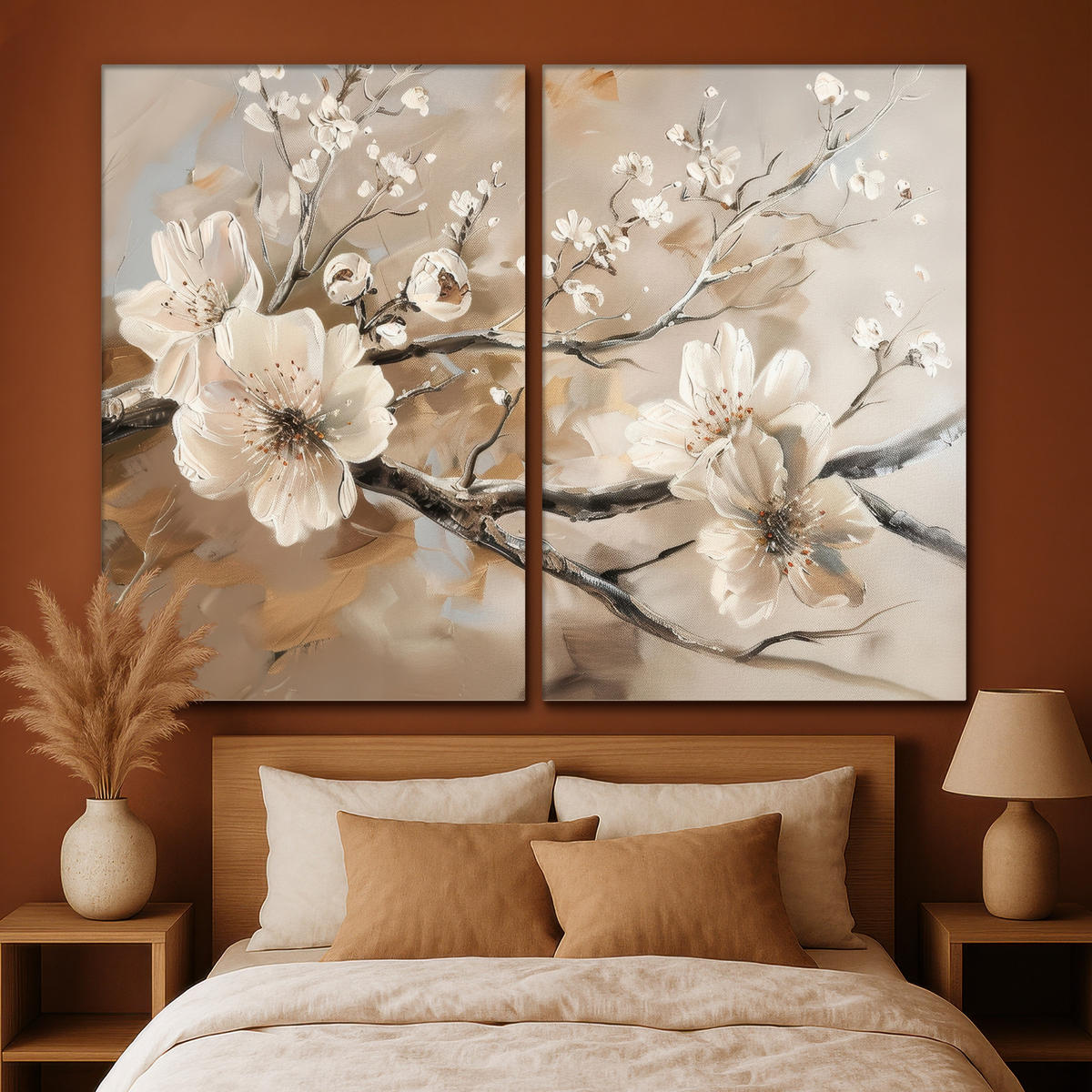 LEINWANDBILD 2er Set Blüte - Beige - Abstrakt - Blumen 240x180 cm - Hellbraun, Textil (240/180cm) - MuchoWow