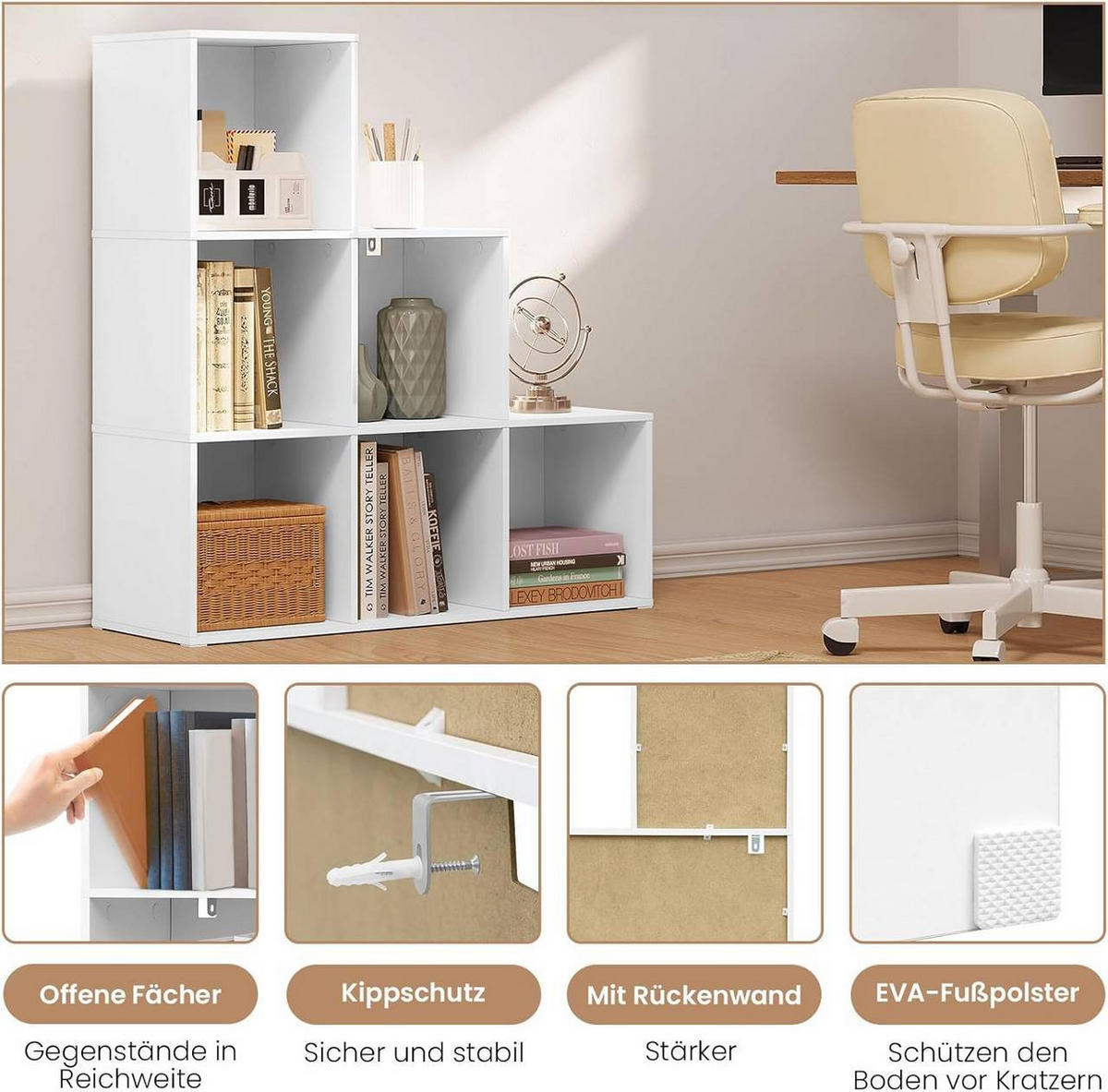 REGALE Bücherregal mit 6 Fächern, 90,5x90,5x30 cm, Weiß - Weiß, Holzwerkstoff (90.5/90.5/30cm) - Woltu