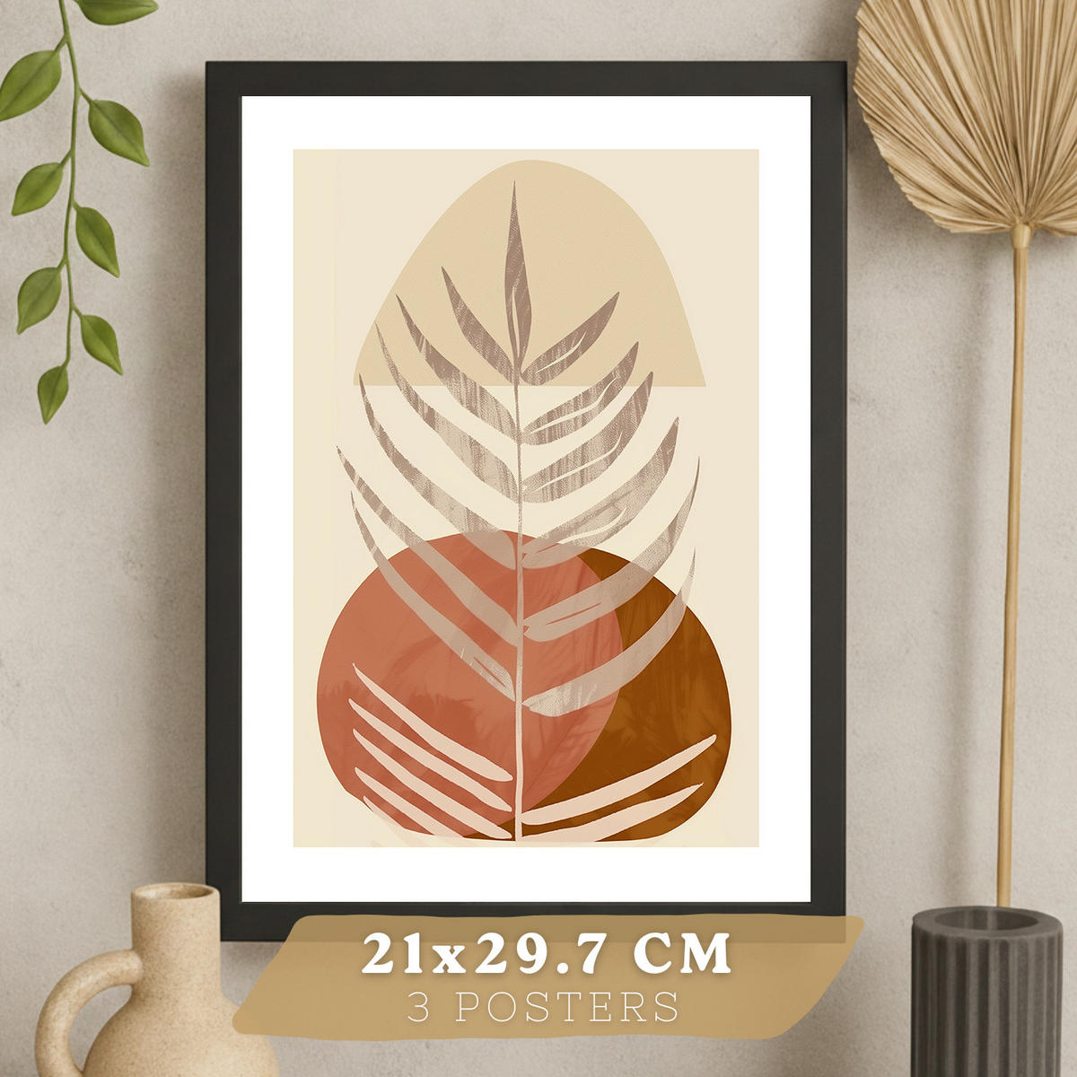PLAKAT Sada 3 abstraktních dekorativních tisků na stěnu pro obrázky obývacího pokoje.Dekorace v hnědých květinových tónech. Černý rám velikosti A4 - černá, papír (29.7/42/3cm)