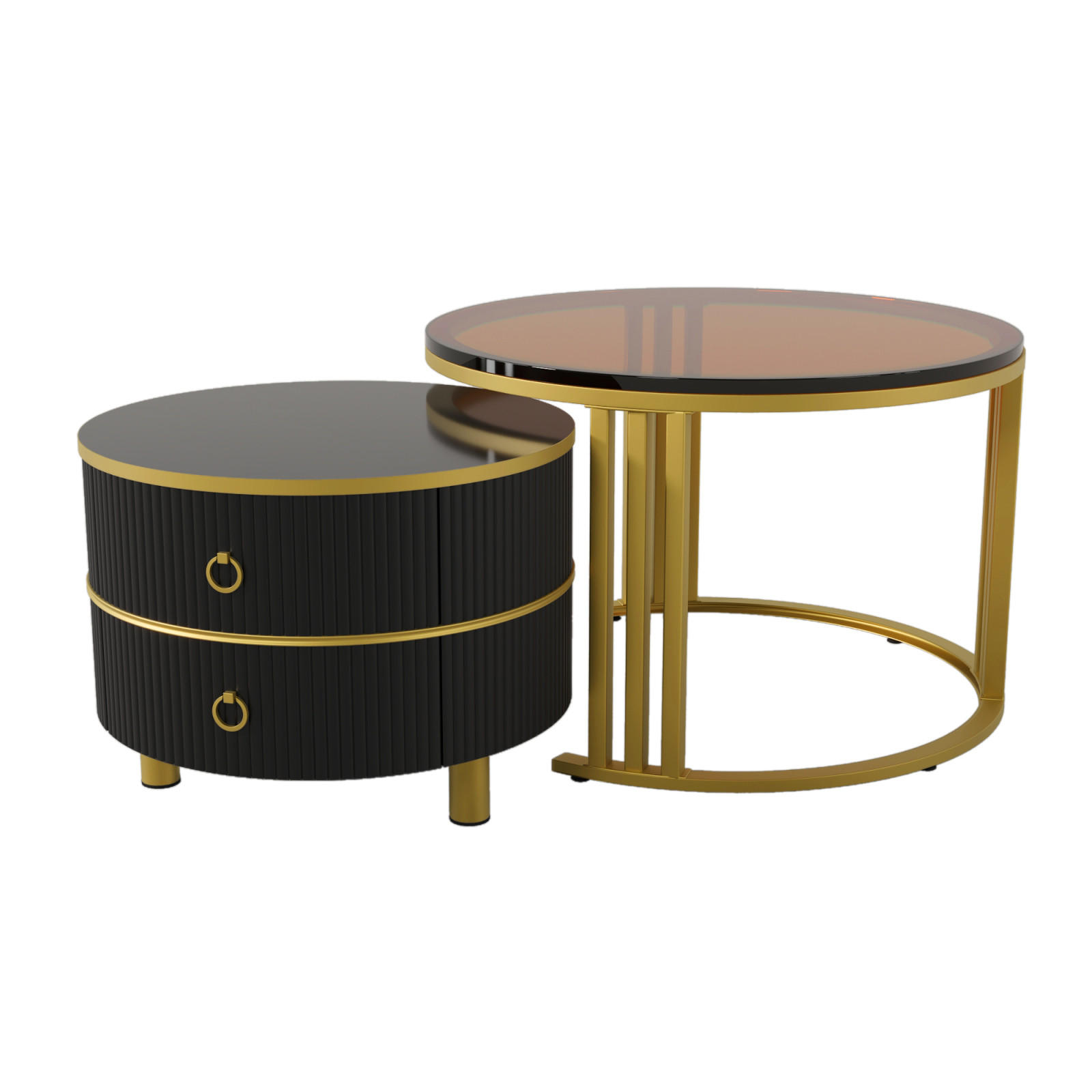 COUCHTISCH Schwarz mit Glasplatte und 2 Schubladen, rund - Schwarz, Metall (70/70/46cm)