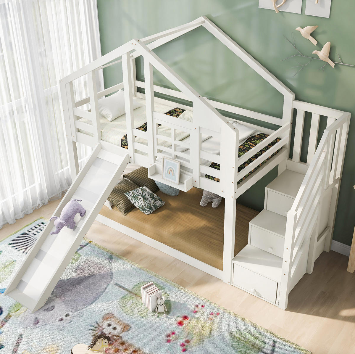 HAUSBETT 90/200 cm Weiß mit Rutsche und Stauraumtreppe - Weiß, Holzwerkstoff (90/200cm) - Flora Grace