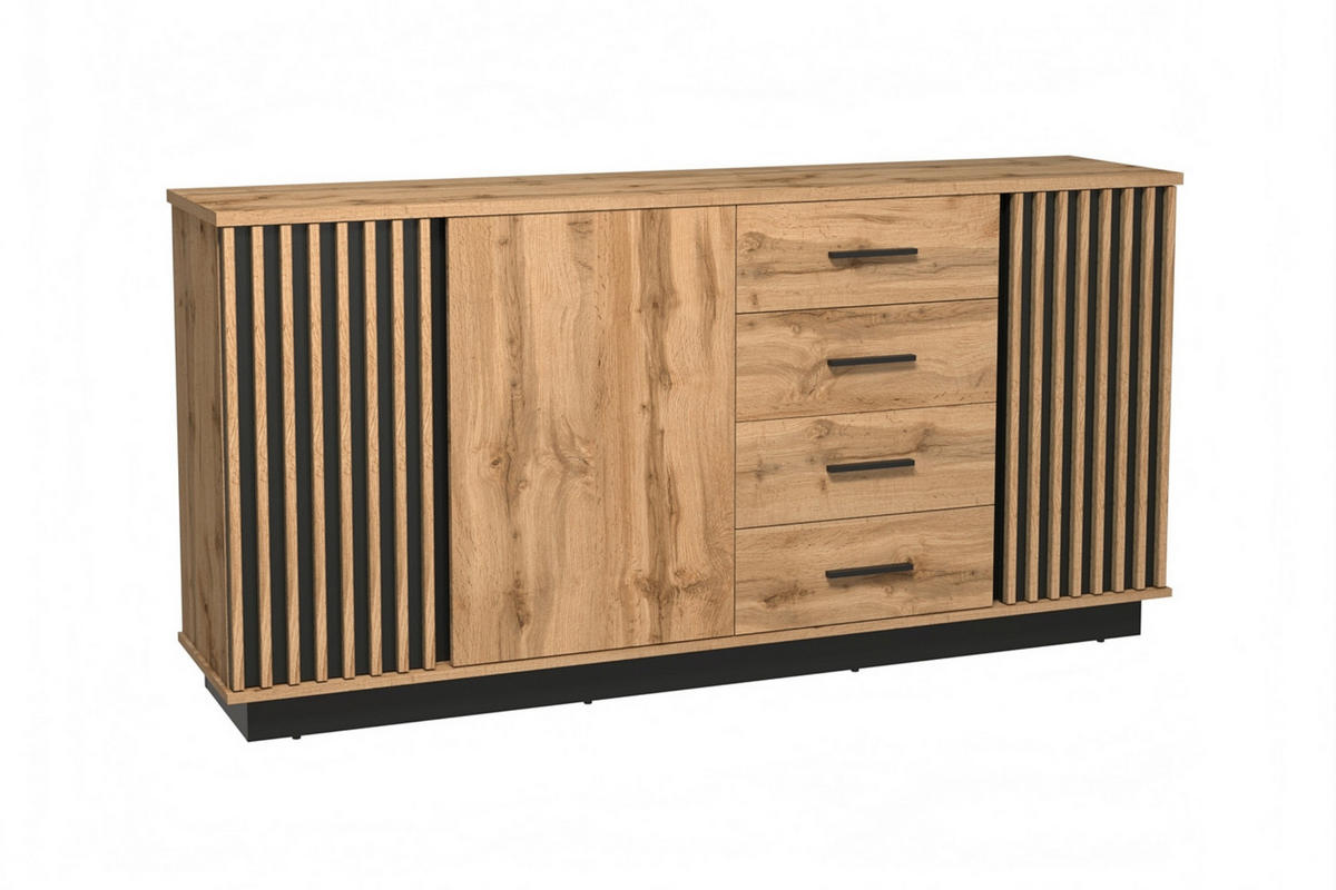 KOMMODE LAMI 21 178/88/40 cm in Wotan Eiche / Schwarz Matt mit Lamellen - Eiche Wotan/Schwarz, Holzwerkstoff (178/88/40cm) - Deine Möbel 24