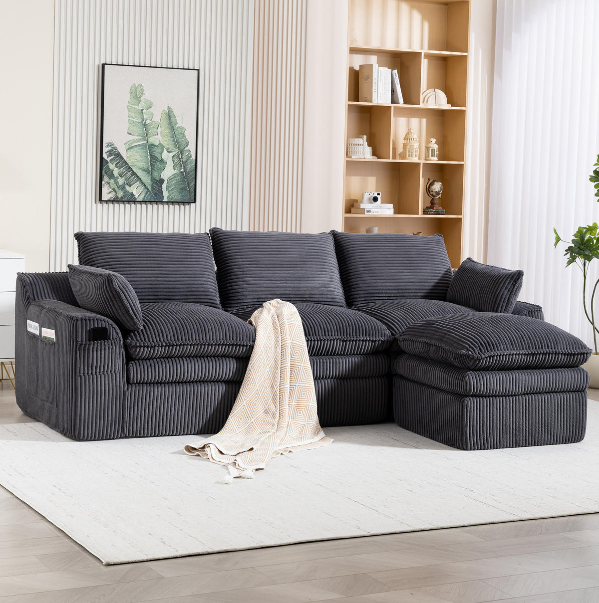 3-STIZER Sofa 263/167/85 cm frei kombinierbar mit Hocker, Seitentaschen und Federkern, Cord Dunkelgrau - Dunkelgrau, Textil (263/85/167cm) - Redom
