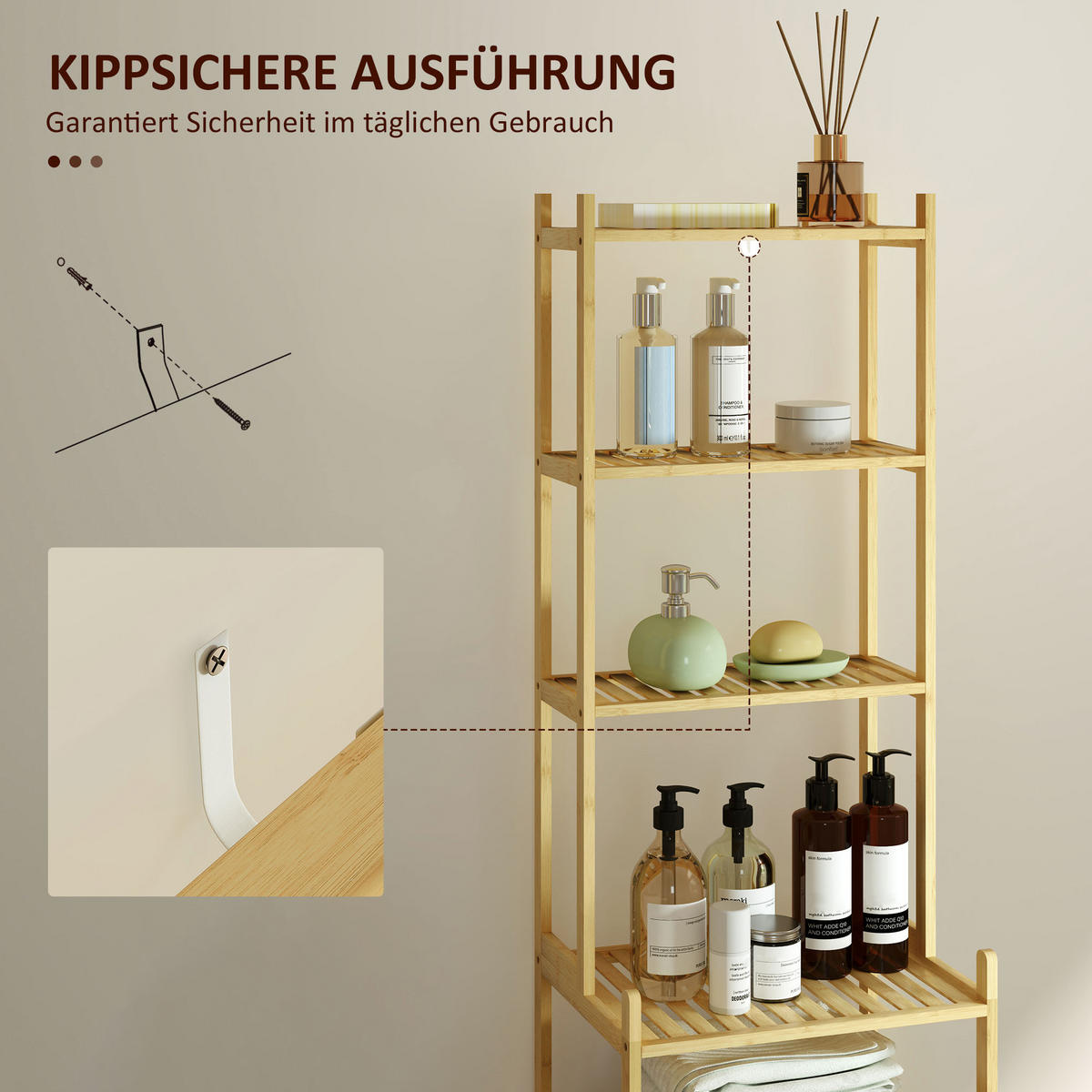 BADREGAL mit 7 Ebenen, Natur, 44 x 33 x 180 cm - Naturfarben, Naturmaterialen (44/180/33cm) - HOMCOM