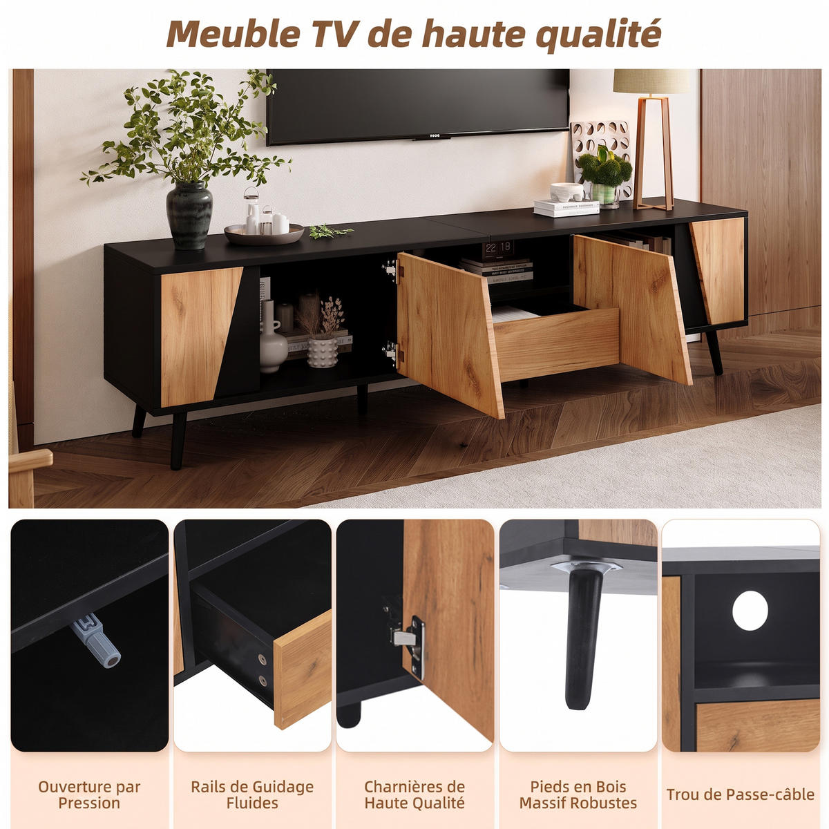 TV-LOWBOARD mit 1 Schublade und 2 Türen, Moderne minimalistische, Stützbeinen aus Massivholz, 180 x 40 x 46 cm - Multicolor, Holz/Metall (40/46/180cm) - GENKI LIVING