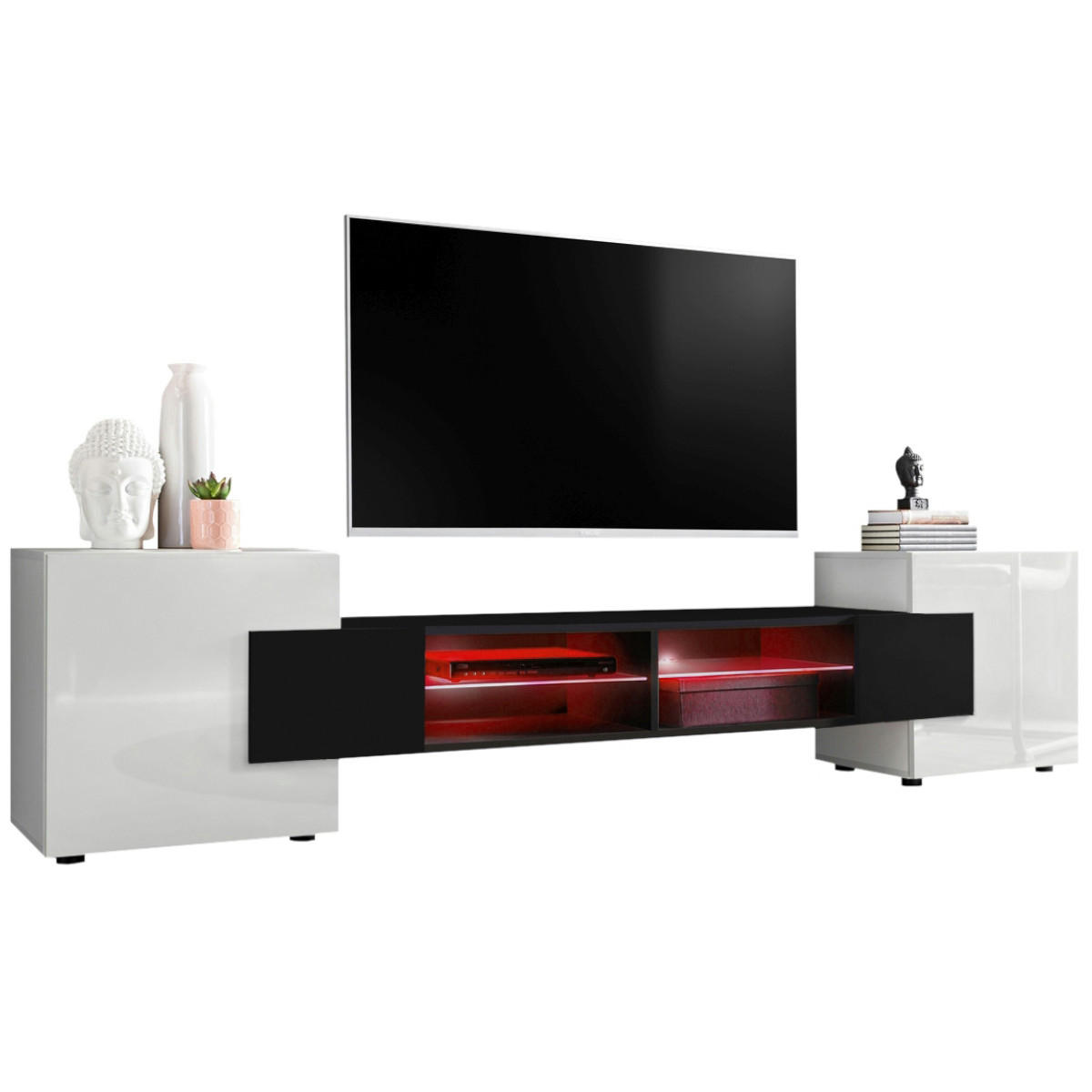 LOWBOARD MERANO Weiß, LED Beleuchtung Mehrfarbige - Schwarz/Weiß, Glas/Holzwerkstoff (230/52.5/35cm) - Komodee