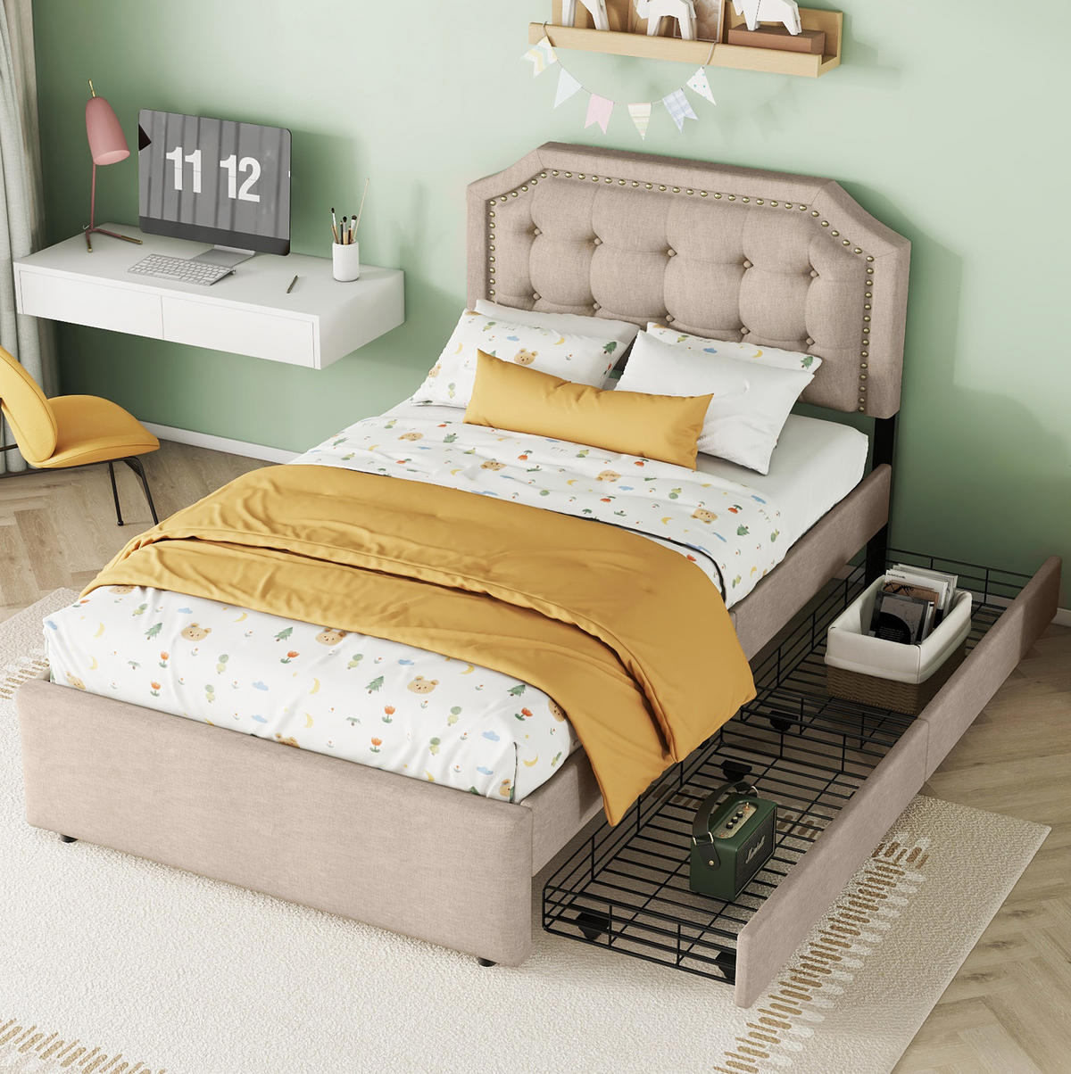 POLSTERBETT 90/200 cm Beige/Braun aus MDF mit 2 Schubladen - Beige, Textil (90/200cm) - OKMYHOME