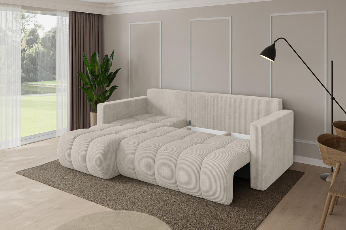 ROHOVÁ SEDAČKA s funkcí spaní, otoman vlevo GARD-L 226x146x85 krémová manšestr - černá/krémová, kompozitní dřevo/textil (226/146cm) - ALTDECOR