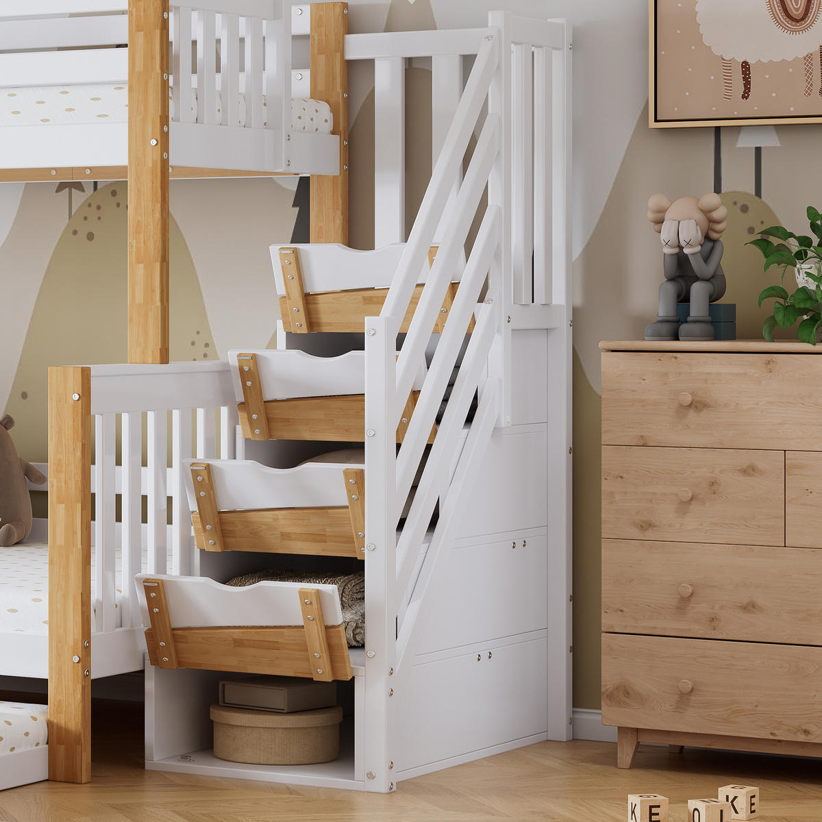 ETAGENBETT aus Kiefer und MDF 90x200/120x200 cm Weiß/Natur mit Rollbett, Stauraumtreppe und Fallschutz - Weiß, Holzwerkstoff (90/200cm) - Modfu