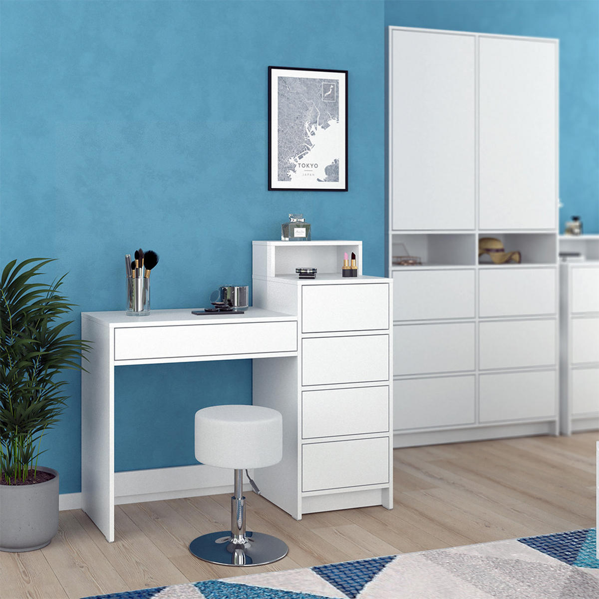 SCHMINKTISCH Naara Weiß 110.5 cm mit Hocker - Weiß, Holzwerkstoff (40.3/110.5/100.6cm) - Vicco