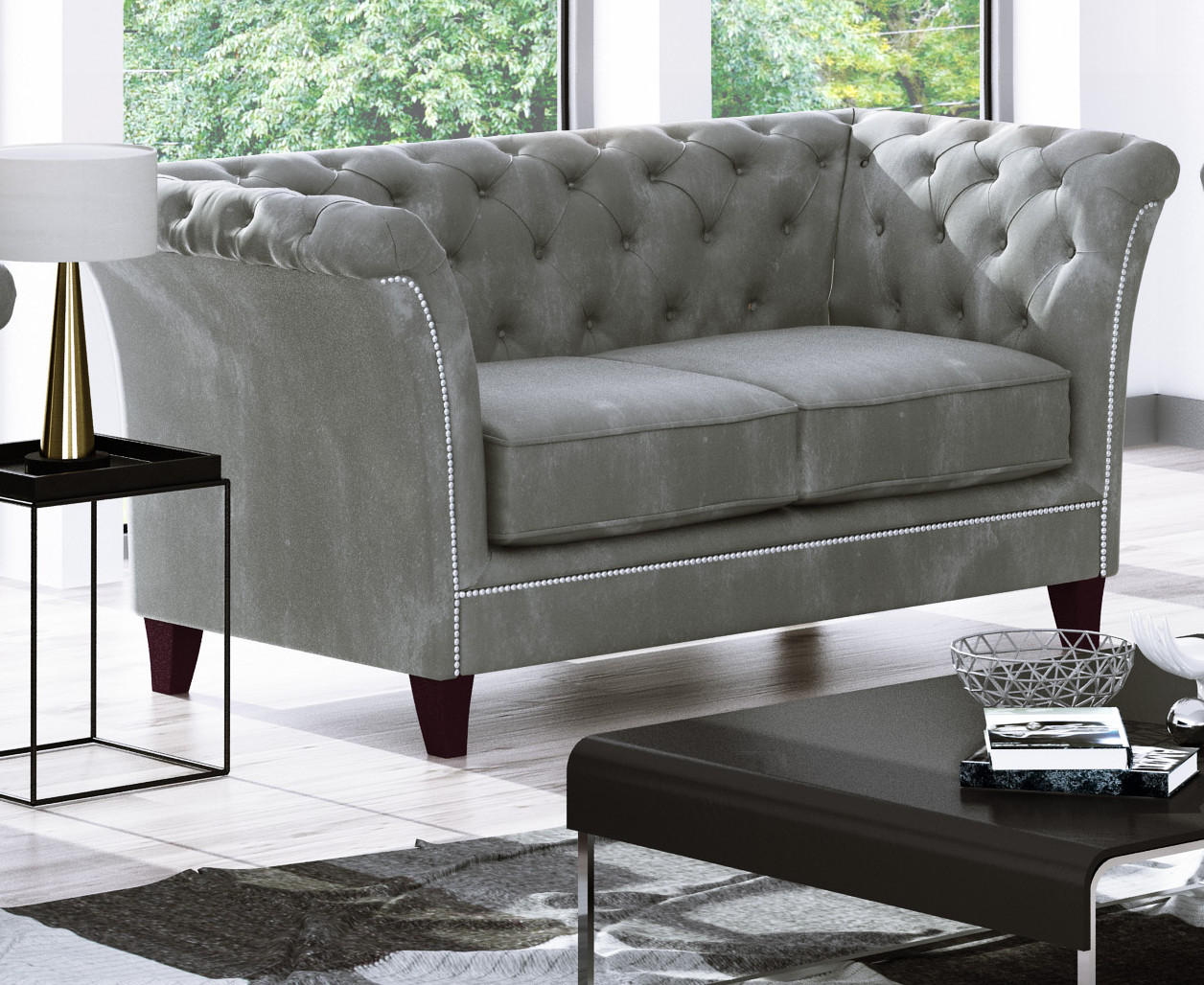 CHESTERFIELD-SOFA 2-Sitzer Fusion Grau Samt - Braun/Grau, Holz/Textil (175/75/82cm) - S-Style Möbel