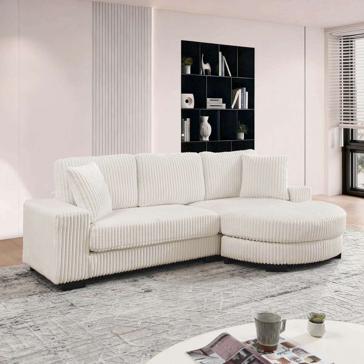 ECKSOFA mit ovalem Hocker und 2 Kissen aus Cord - Beige, Textil (256.5/133.5cm) - EVRYAE