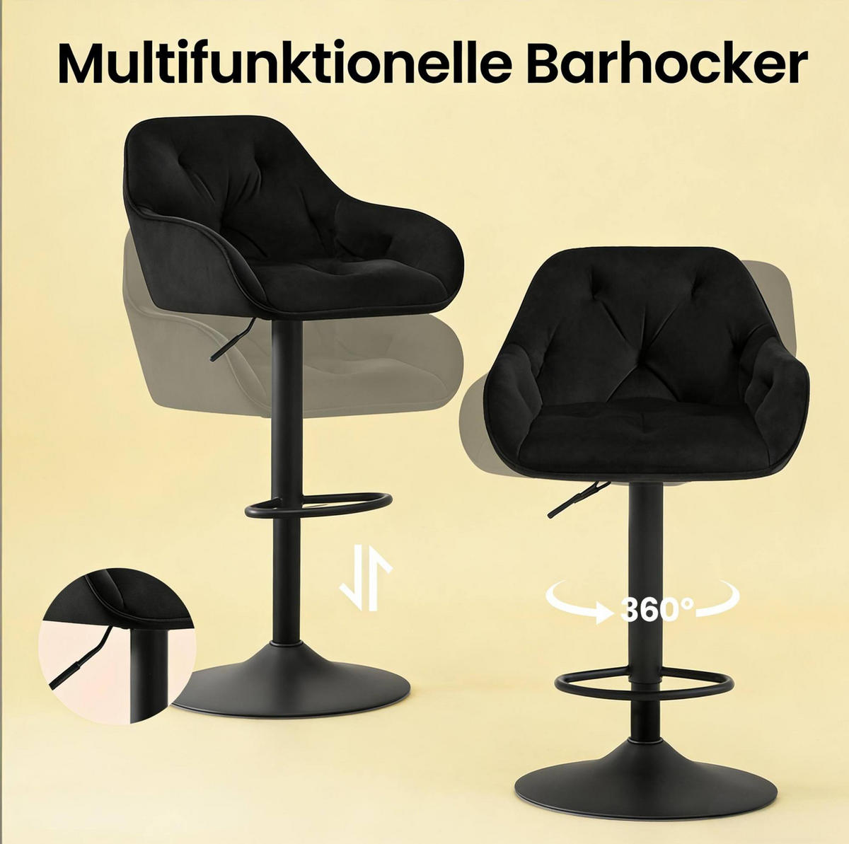 BARHOCKER 2er-Set höhenverstellbar drehbar Samt Schwarz - Schwarz, Metall (37/108.5/37.5cm) - Meubliv