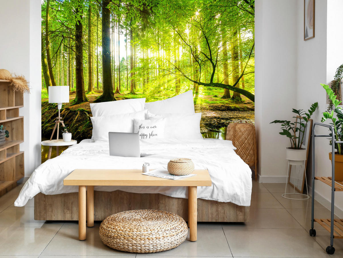 FOTOTAPETE für Wohnzimmer Waldlandschaft Bäume Blätter Frühling Grün 200x140 - Gelb/Orange, Papier (200/140cm) - Muralo