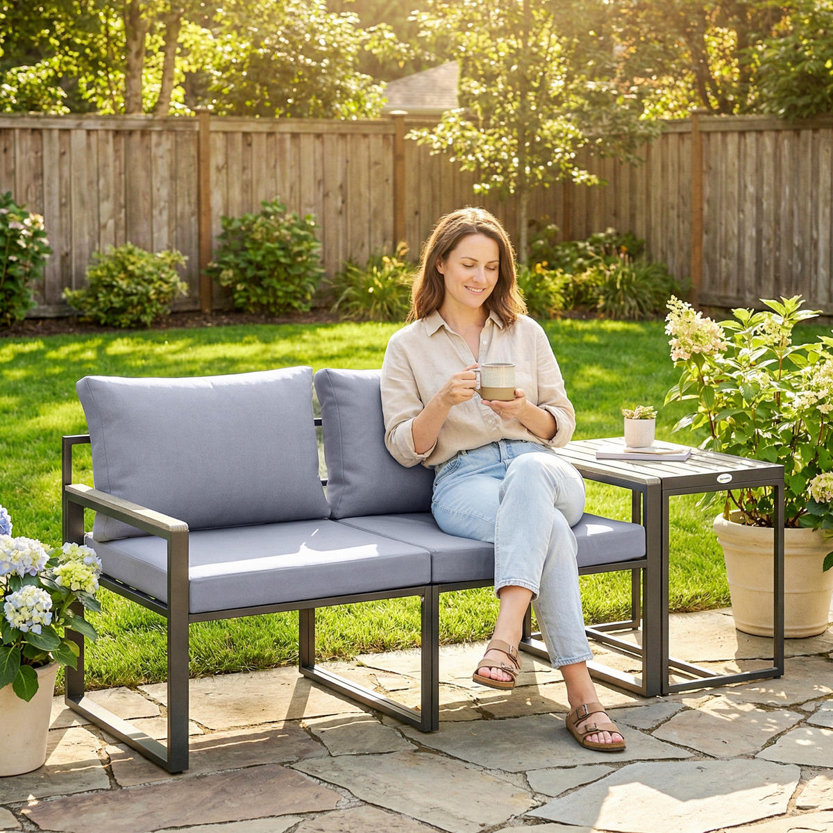 BALKONMÖBEL-SET 3er Set Stahl Polyester Grau - Schwarz/Grau, Textil/Metall - Outsunny