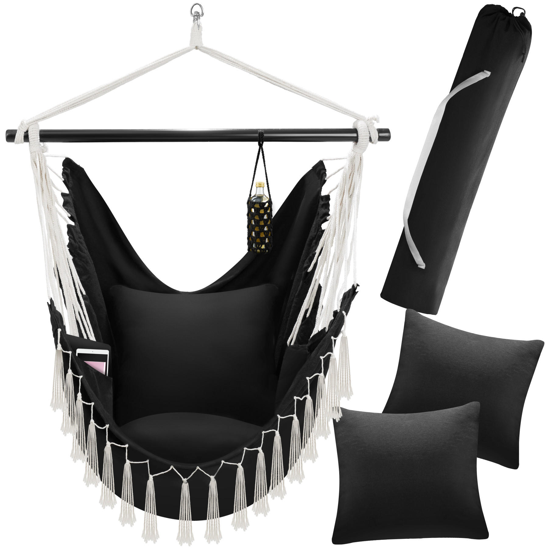 HÄNGESESSEL Malika,inkl. Tragetasche, ca. 100 x 150 x 150 cm,schwarz - Schwarz, Kunststoff/Metall (100/150/150cm) - tectake