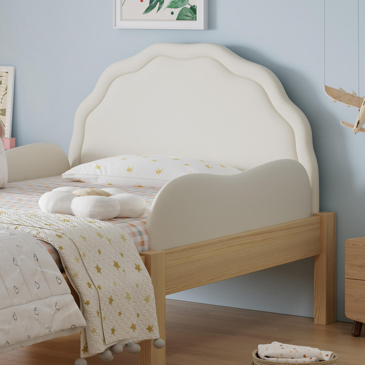 KINDERBETT 90/200 cm in Beige & Natur mit Schutzgeländern und PU-Kopfteil - Beige/Naturfarben, Holzwerkstoff/Textil (90/200cm) - STILVORA