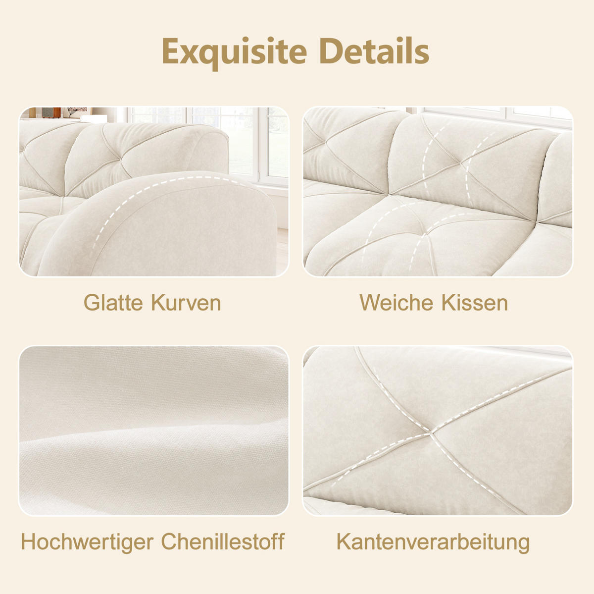 SOFA 204/95/76 cm in Hellbeige aus Chenille, rahmenlos und flexibel - Beige, Textil (95/76/204cm) - Flora Grace