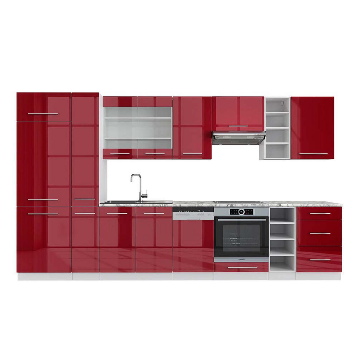 KÜCHENZEILE Fame-Line Bordeaux Hochglanz/Weiß 355 cm, AP Marmor - Bordeaux/Weiß, Holzwerkstoff (355/81.6/60cm) - Vicco