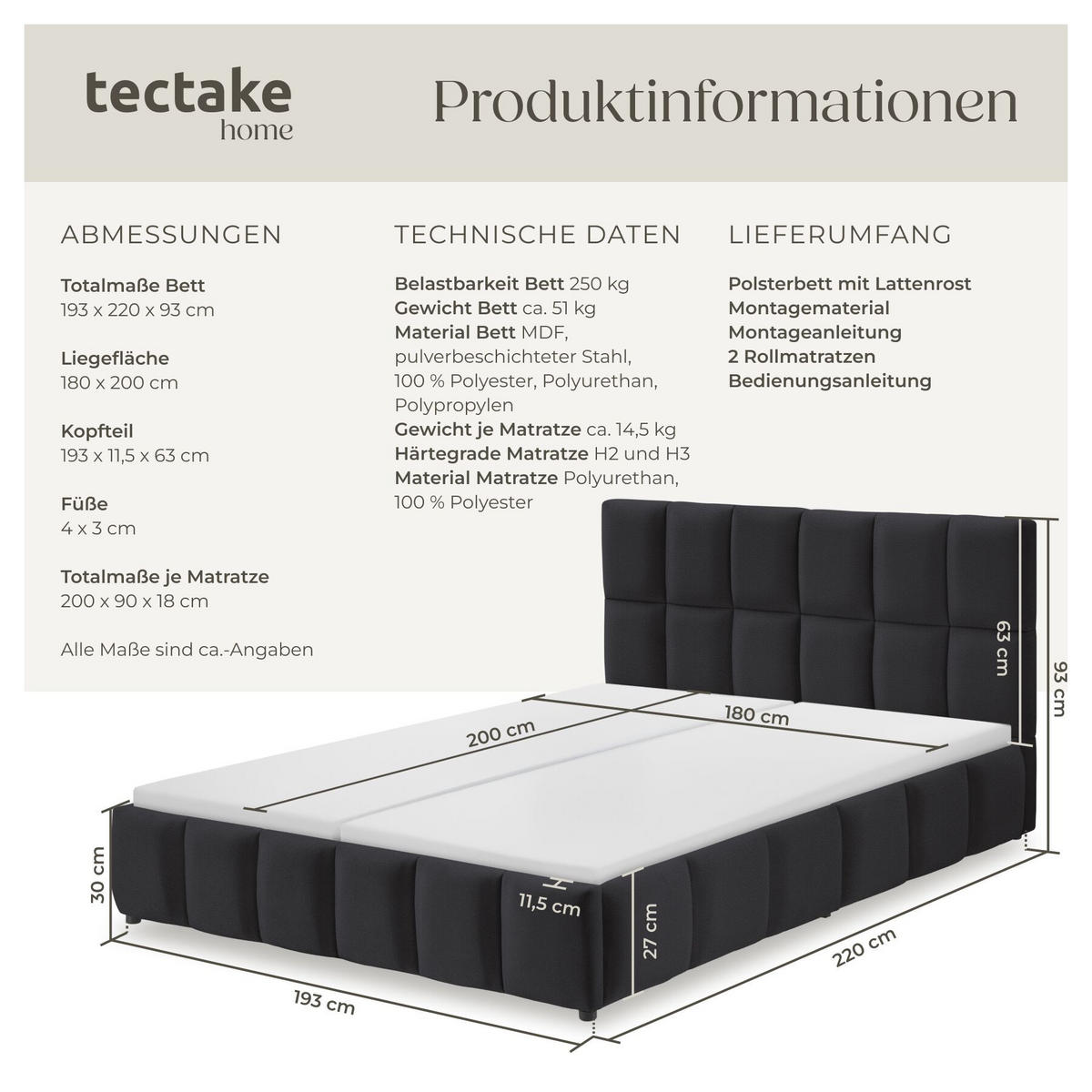BETTSET , 250 kg Belastbarkeit, bodenschonende Kunststofffüße, Samtoptik schwarz - Schwarz/Samtahornfarben, Holz (180/200cm) - tectake