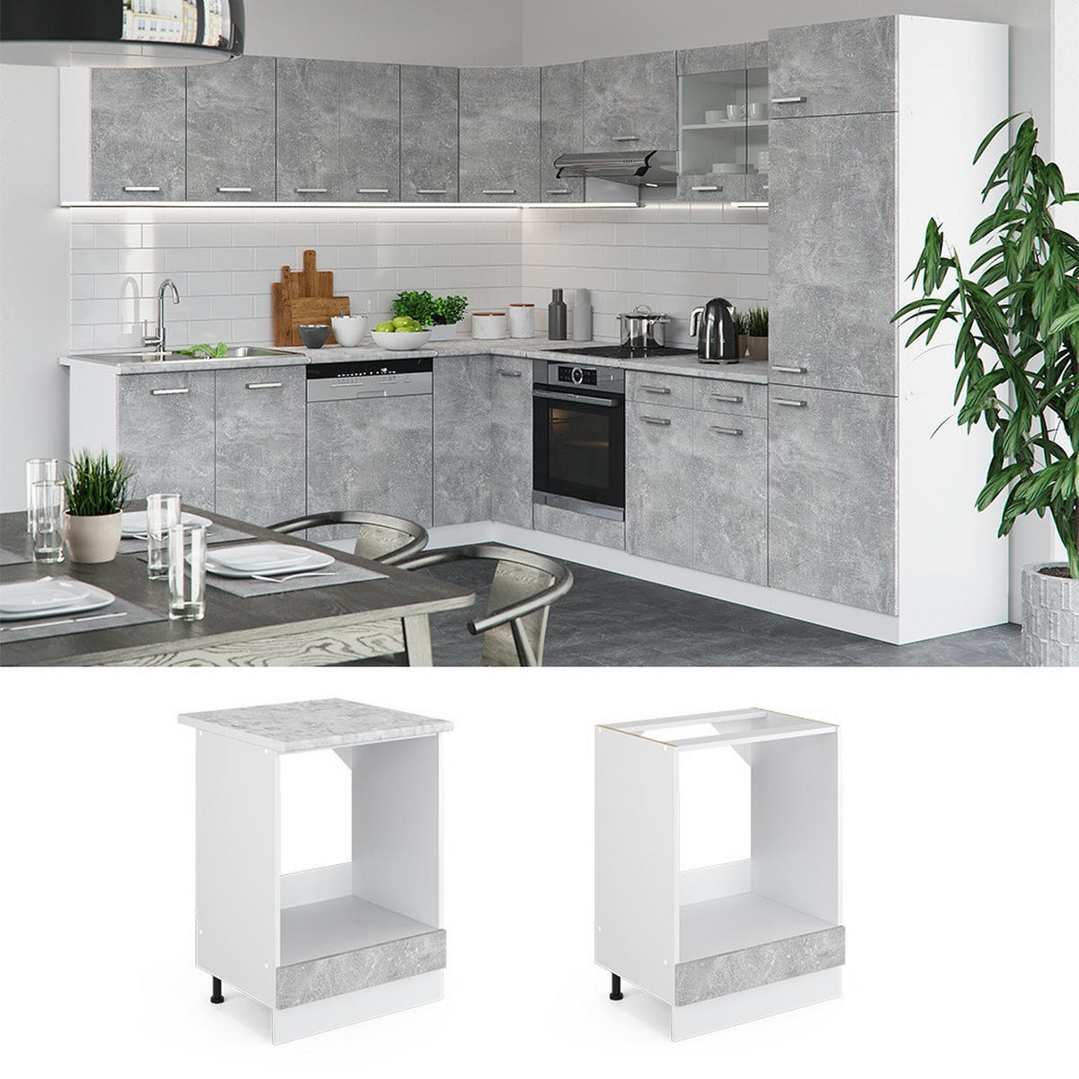 HERDUMBAUSCHRANK R-Line Beton 60 cm ohne Arbeitsplatte - Hellgrau/Weiß, Holzwerkstoff (60/81.6/46cm) - Vicco