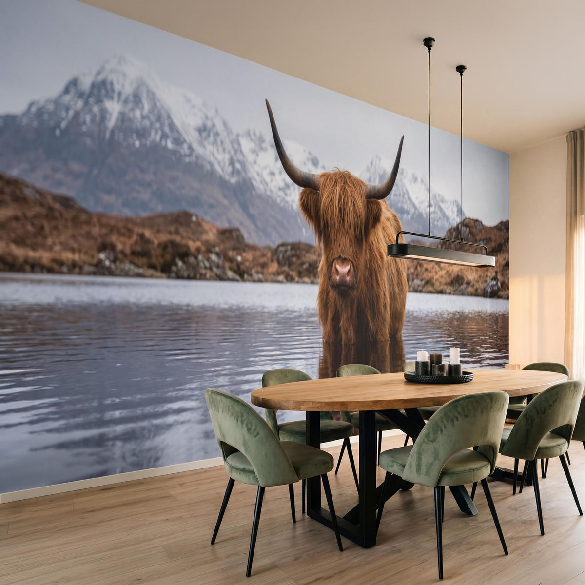 TAPETE - Schottischer Hochländer - Braun - Wasser - 500x200 cm - Braun, Papier (500/200cm) - OnlyWow