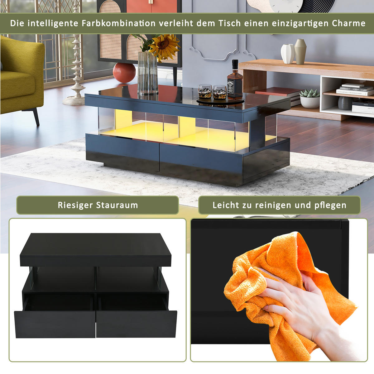 COUCHTISCH 100/60/49,5 cm schwarz mit Hochglanz-Oberfläche und LED-Beleuchtung - Schwarz, Holzwerkstoff (100/60/49.5cm) - OKWISH