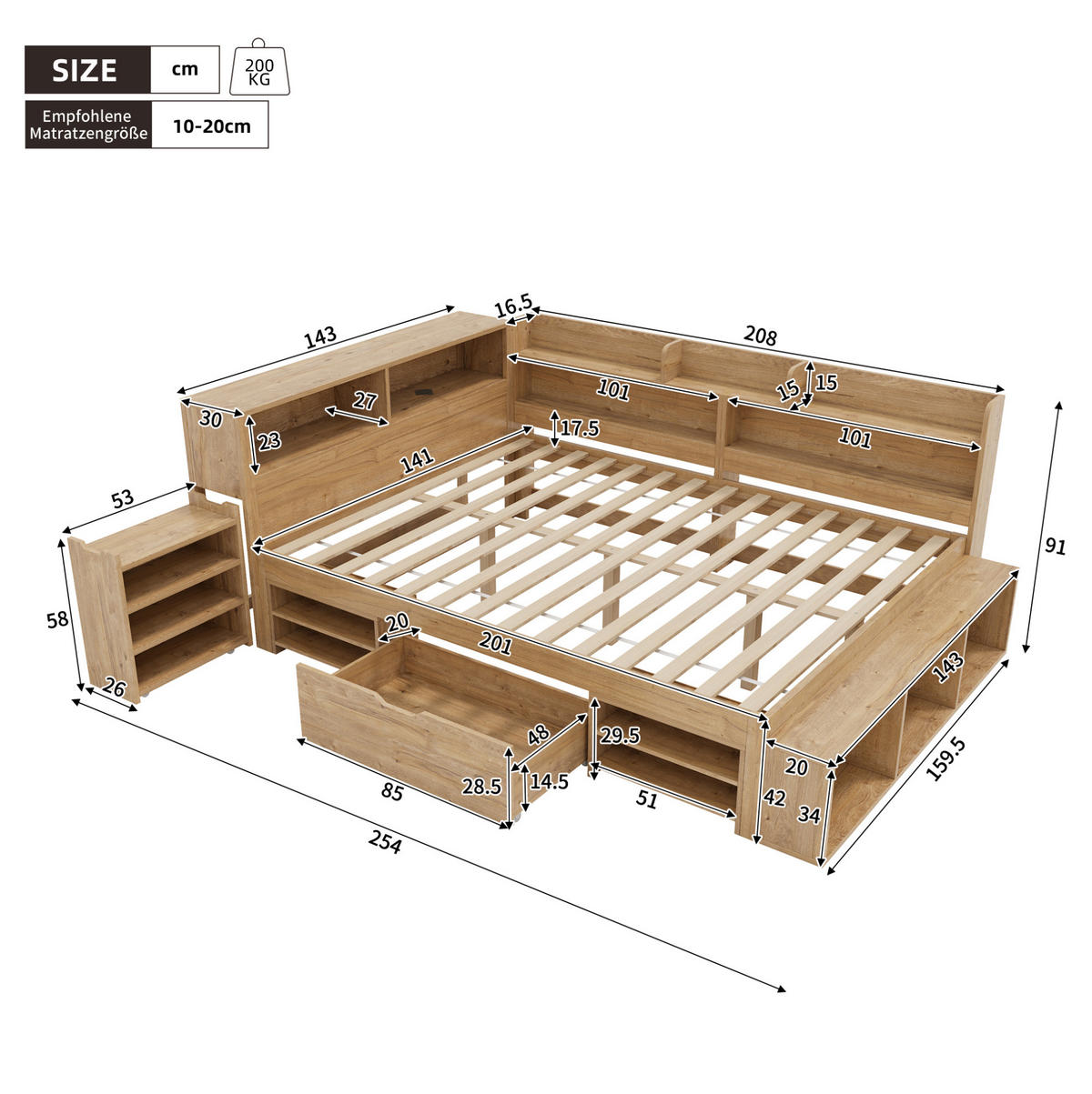 KINDERBETT aus Plywood 140x200 cm in Natur mit Stauraum - Naturfarben, Holzwerkstoff (140/200cm) - Modfu