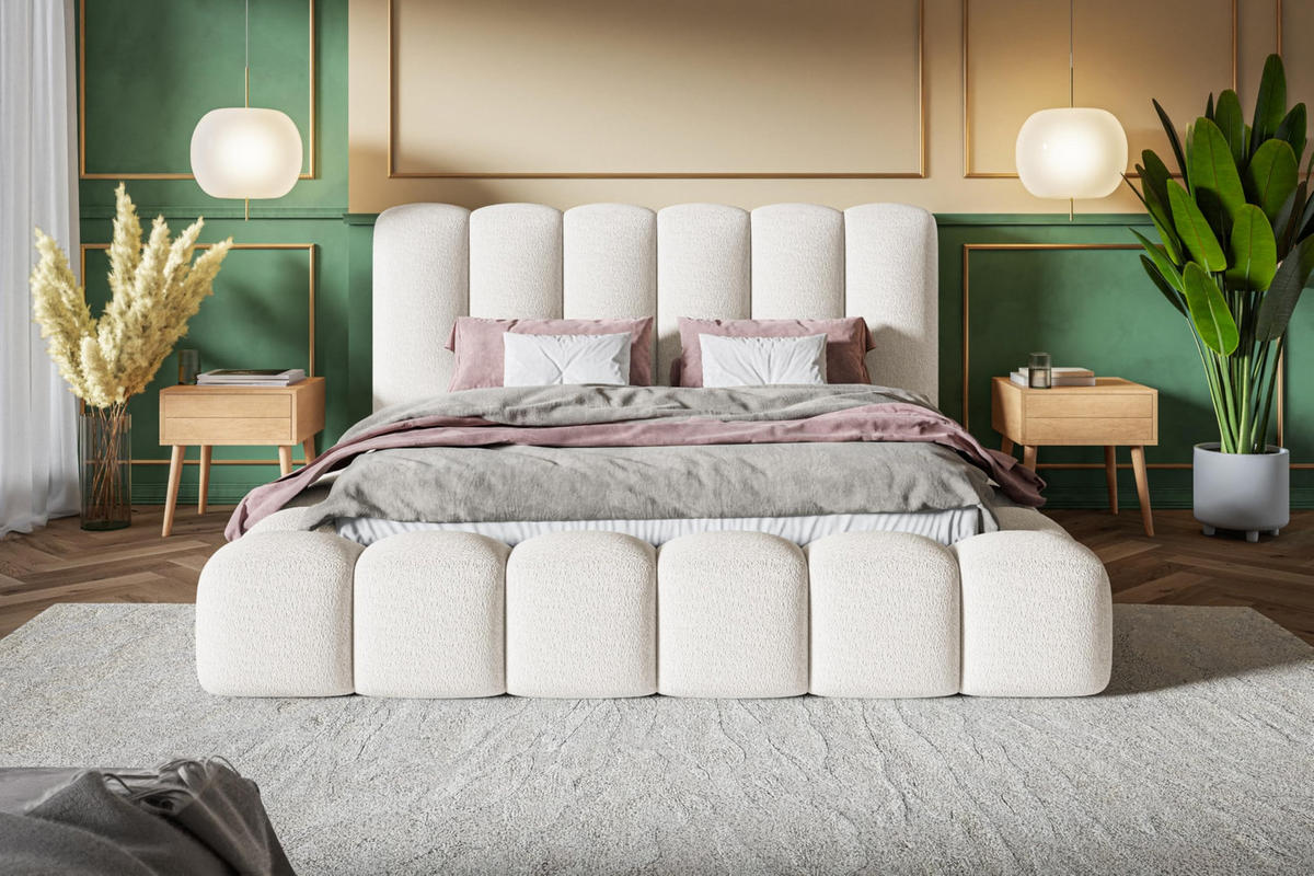 BETT 140x200 - Polsterbett mit Bettkasten und Metallrahmen - Modern Bett - Eleganter Catch Me-Stoff - Kollektion Nora Maxi - Weiß - Weiß, Holz/Textil (140/200cm) - Alpi-Möbel