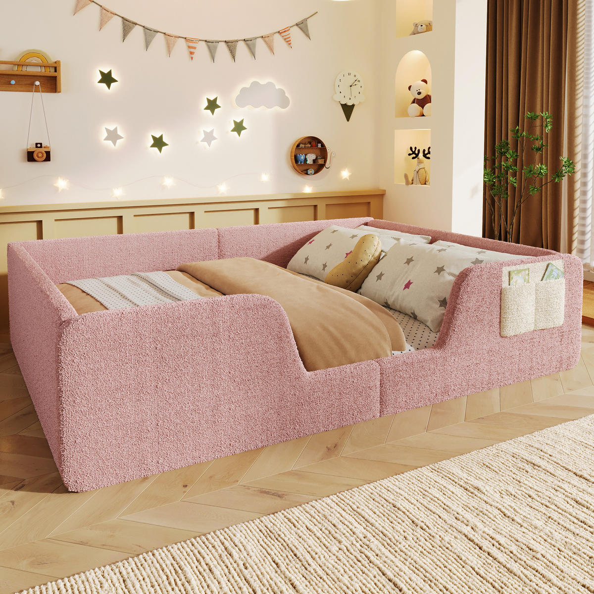 POLSTERBETT 140/190 cm rosa aus Samt mit abnehmbaren Seitengittern - Rosa, Textil (140/190cm) - OKWISH