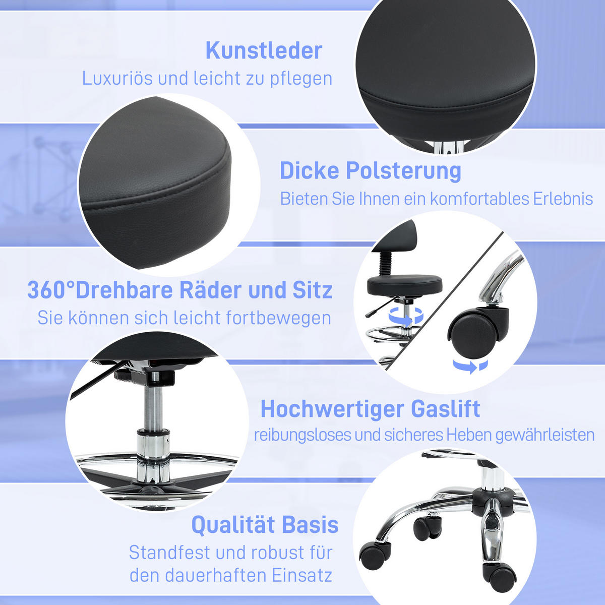 BÜROSTUHL Ergonomischer Zeichenstuhl, Höhenverstellbar Computerstuhl mit Fußring - Schwarz, Kunststoff (52/92/52cm) - HOMCOM