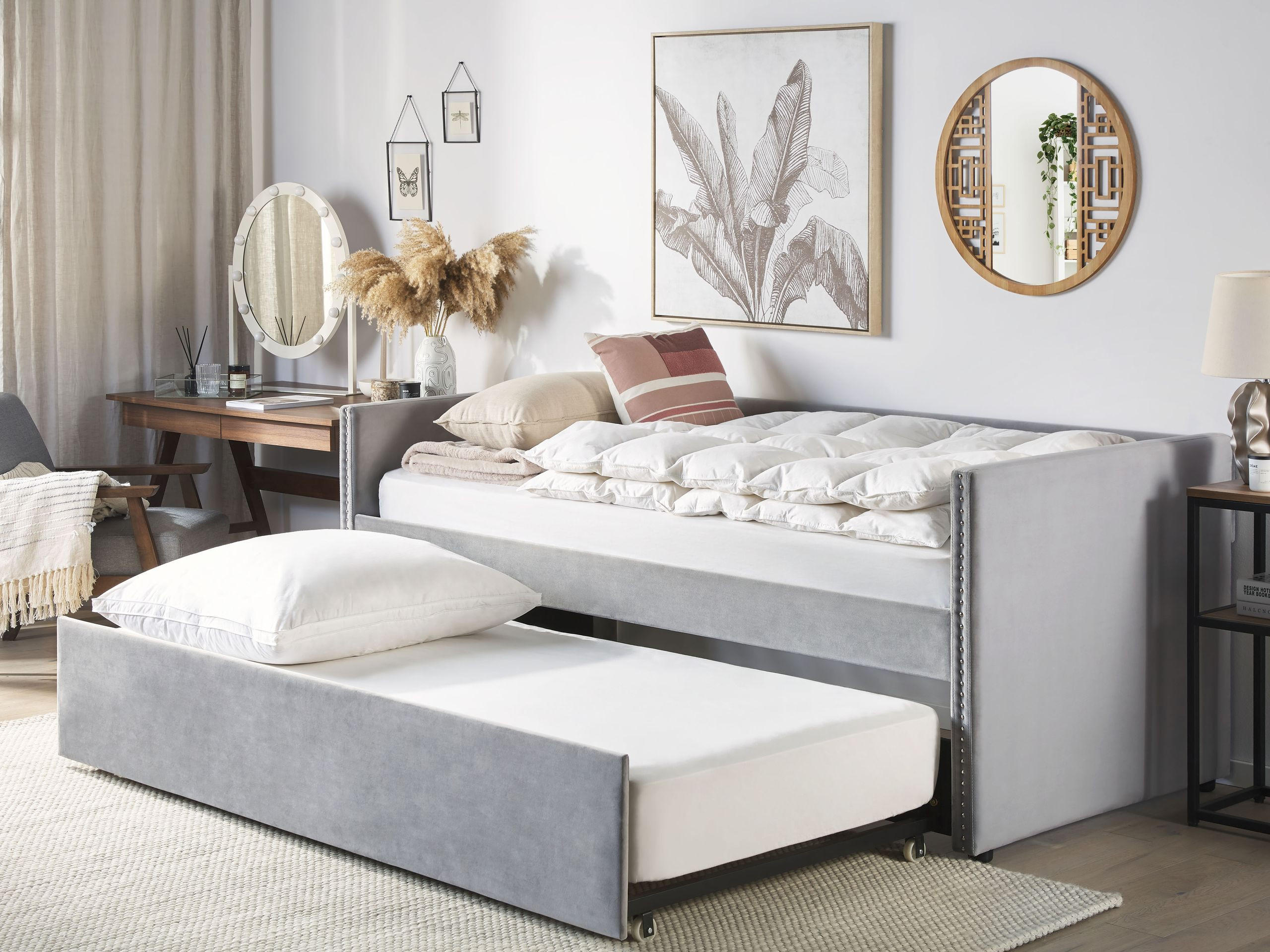 AUSZIEHBETT 90x200 cm Grau Troyes - Hellgrau, Textil (90/200cm) - Beliani