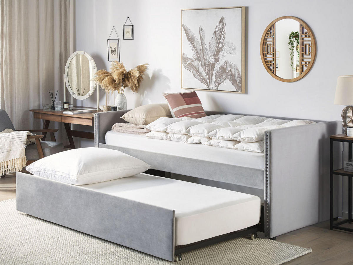 AUSZIEHBETT 90x200 cm Grau Troyes - Hellgrau, Textil (90/200cm) - Beliani