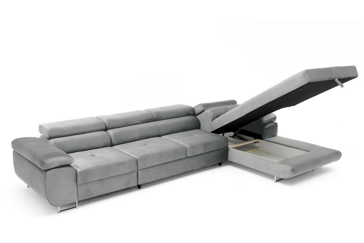 ECKSOFA ALONZO MAXI Rechts mit Schlaffunktion 125x195 Velours Hellgrau - Silberfarben/Hellgrau, Holz/Textil (203/350cm) - Muffo