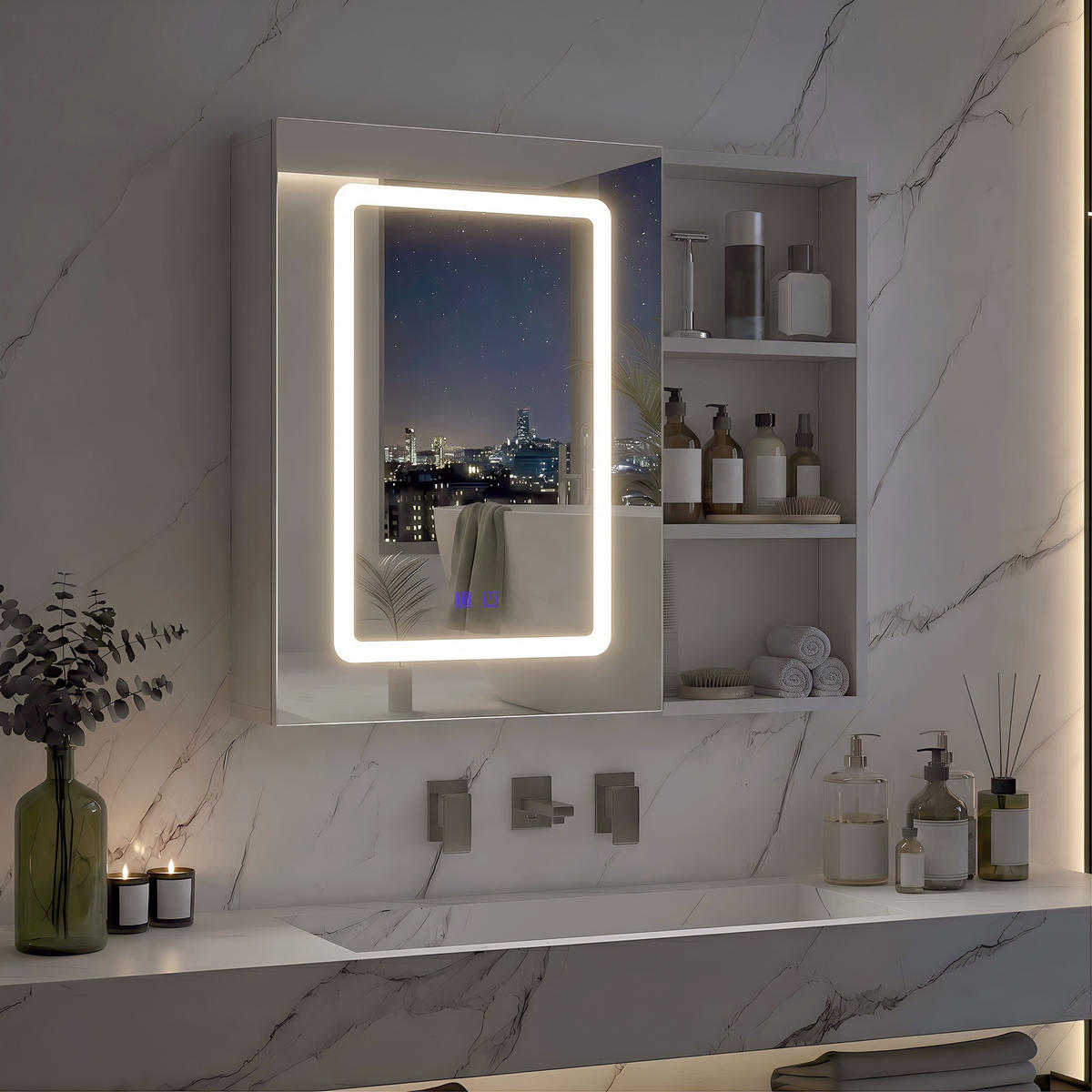SPIEGELSCHRANK, Wandbadschrank mit LED-Spiegel, 3 Lichtfarben, beschlagfrei-Funktion, 1 Tür und verstellbaren Einlegeböden, 60 x 60 x 36 cm - Weiß, Glas (60.2/60.2/15.2cm) - Waldena