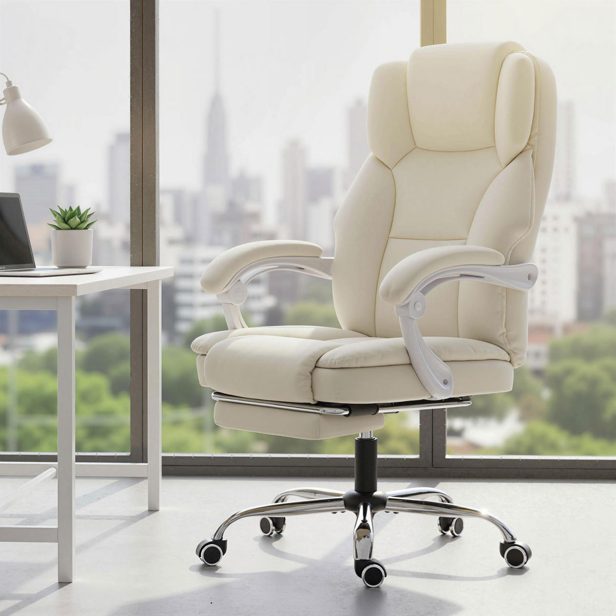 BÜROSTUHL mit Liegefunktion, höhenverstellbar Drehstuhl mit Fußstütze Beige - Beige/Silberfarben, Holzwerkstoff/Kunststoff (64/120/73cm) - HOMCOM