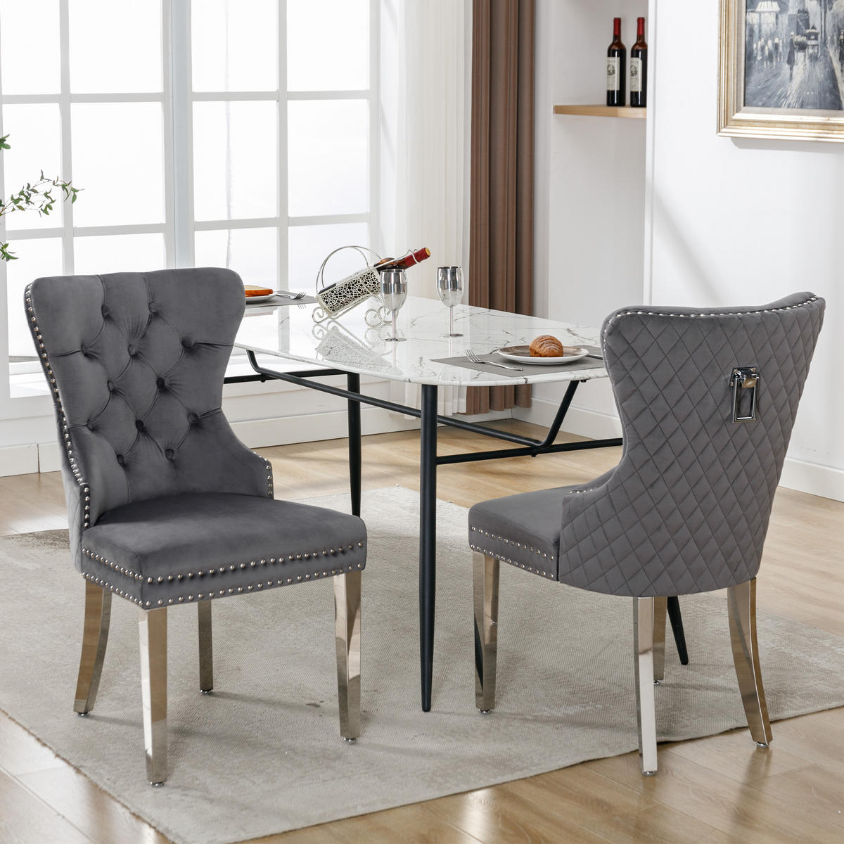 ESSZIMMERSTUHL 2er-Set mit Samtpolsterung, Massivholz-Metall-Gestell und Pin-Kopf Dekoration im modernen Design, grau - Grau, Textil (62.5/94.5/53cm) - Luhomfu