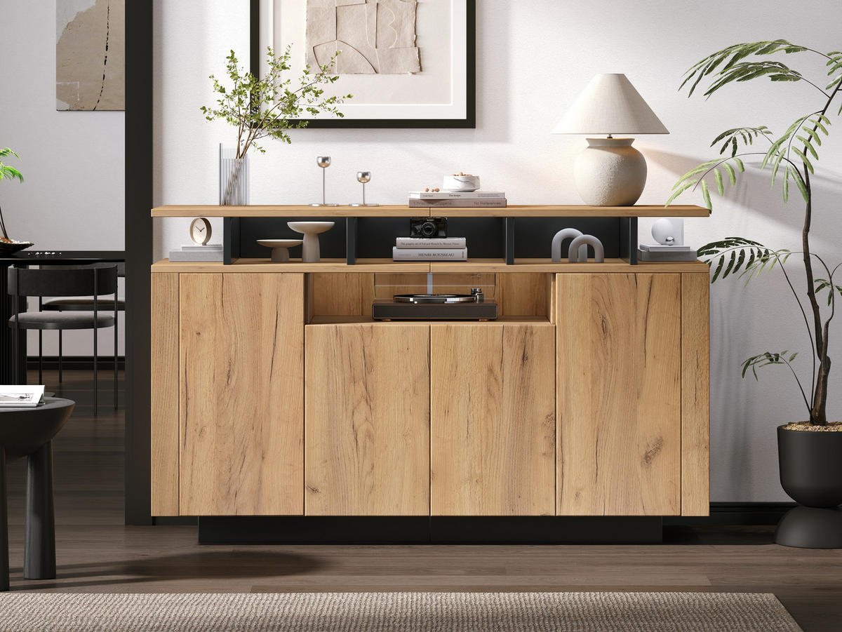 SIDEBOARD Natural 140/40/85 cm mit 4 Türen und 3 offenen Fächern - Naturfarben, Holzwerkstoff (140/85/40cm) - PANGIVO