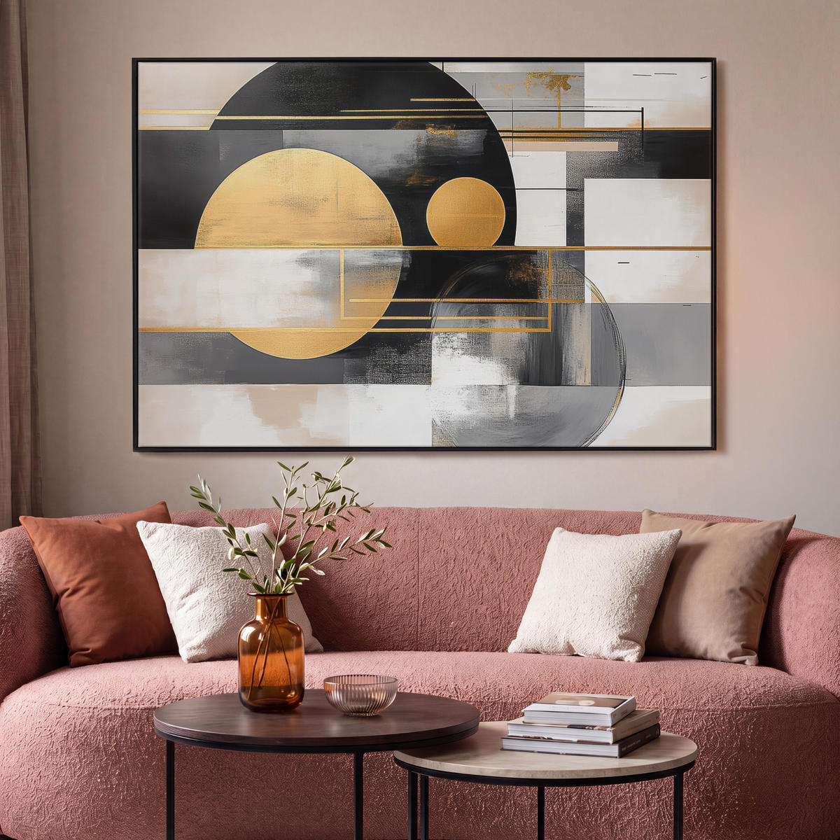 LEINWAND Bilder mit Rahmen - Abstrakt - Gold - Silber - Formen - Ästhetisch - Modern - 120x80 - Goldfarben, Textil (120/80cm) - MuchoWow