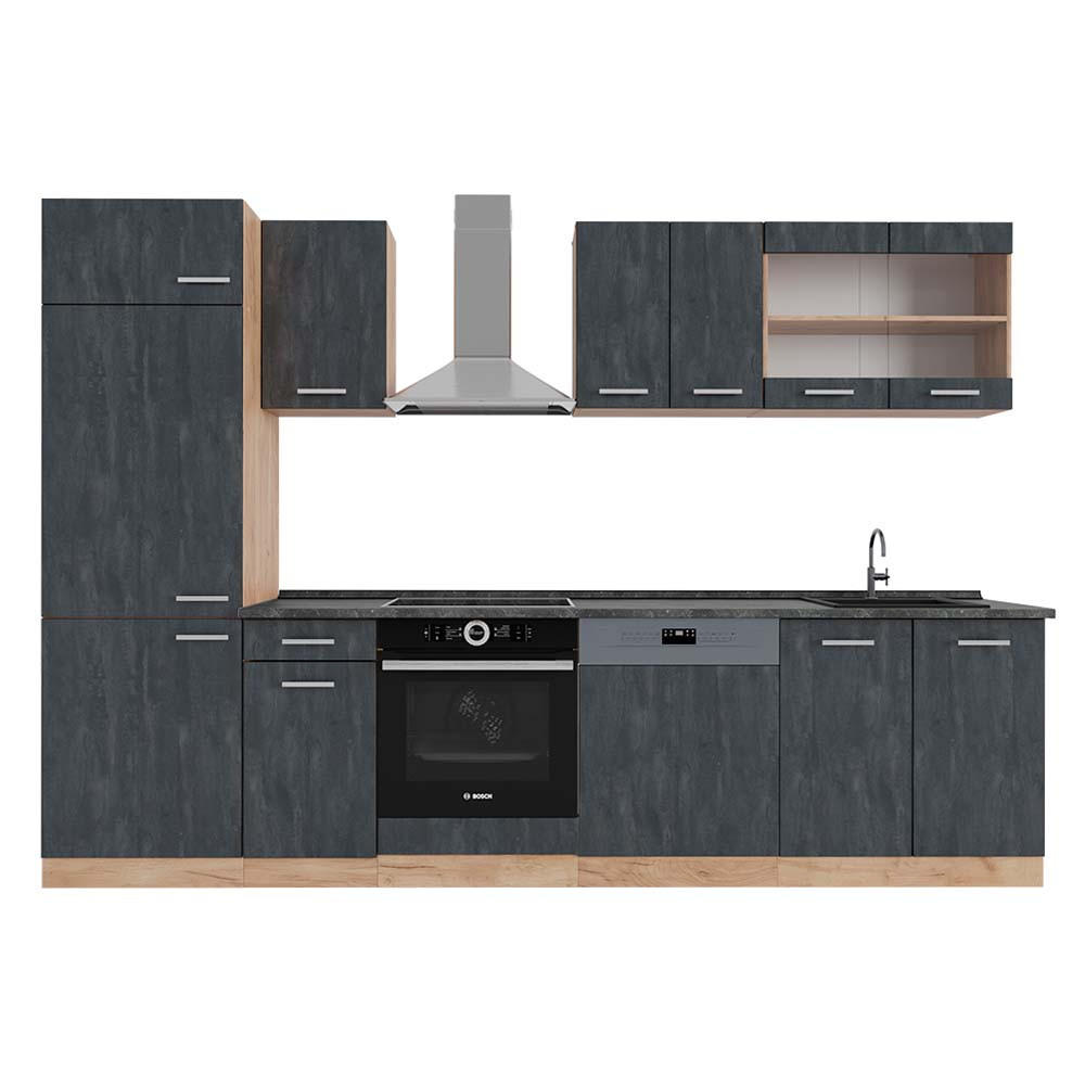 KÜCHENZEILE R-Line Schwarz Beton/Goldkraft Eiche 300 cm AP Anthrazit - Honigeiche/Schwarz, Holzwerkstoff (300/81.6/60cm) - Vicco