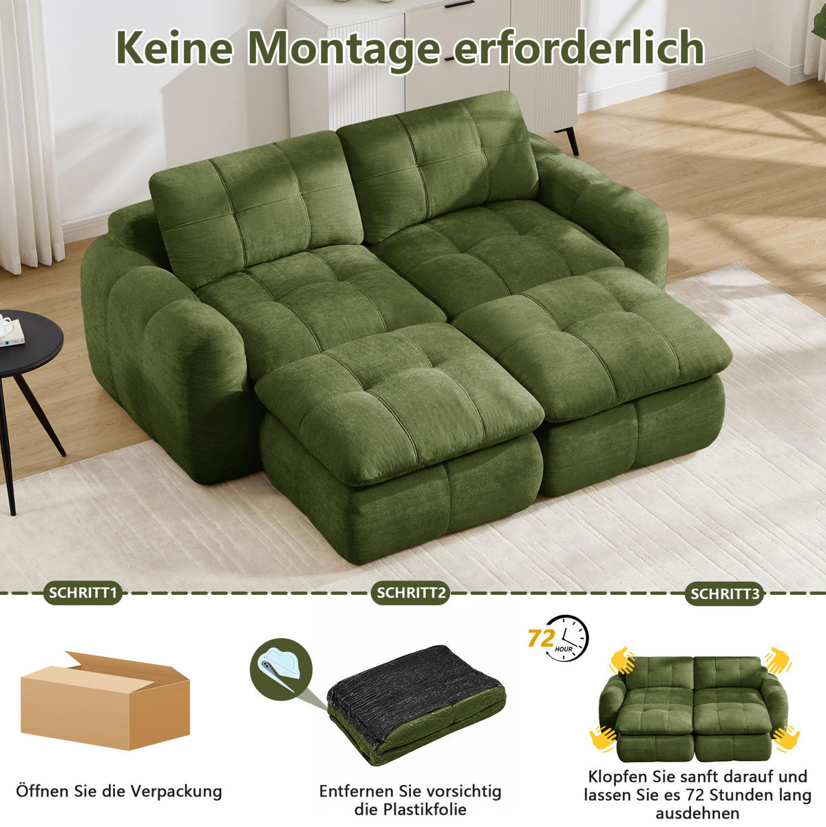 SOFA 194/160/68 cm in Grün mit Chenille-Bezug und ohne Montage - Grün, Textil (160/68/194cm) - Flora Grace